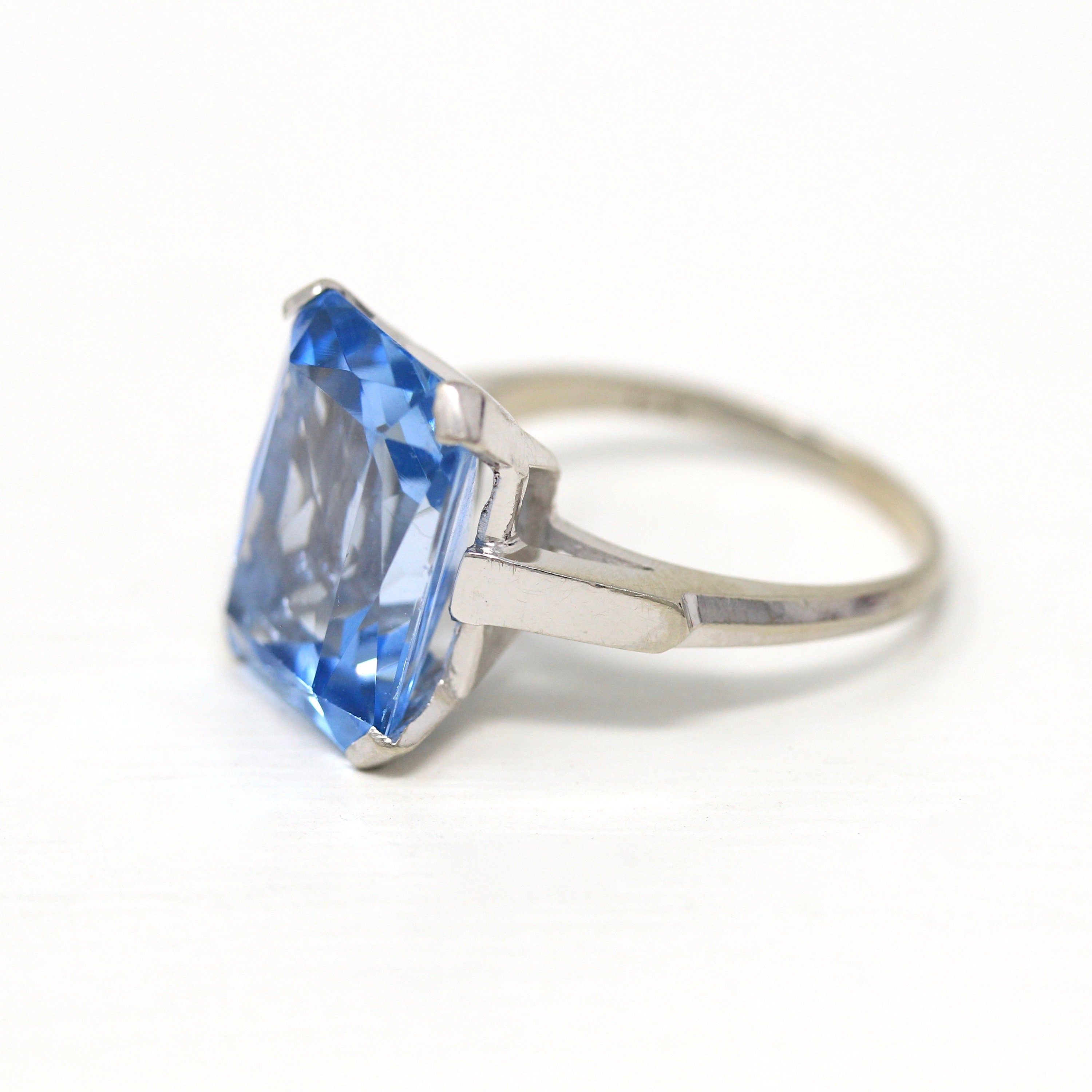 Created Spinel Ring - Vintage 14k White Gold Rectangular Cut Blue 13.48 Carat Statement - Circa 1960s Size 8 1/4 Cocktail 60s Fine Jewelry