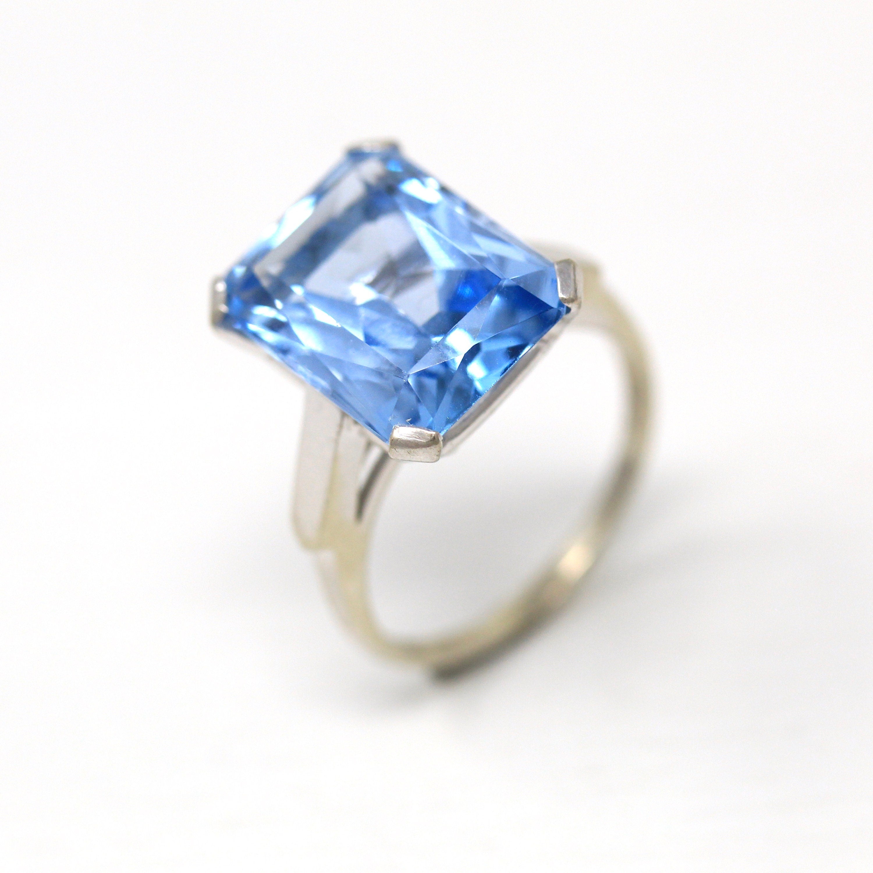 Created Spinel Ring - Vintage 14k White Gold Rectangular Cut Blue 13.48 Carat Statement - Circa 1960s Size 8 1/4 Cocktail 60s Fine Jewelry