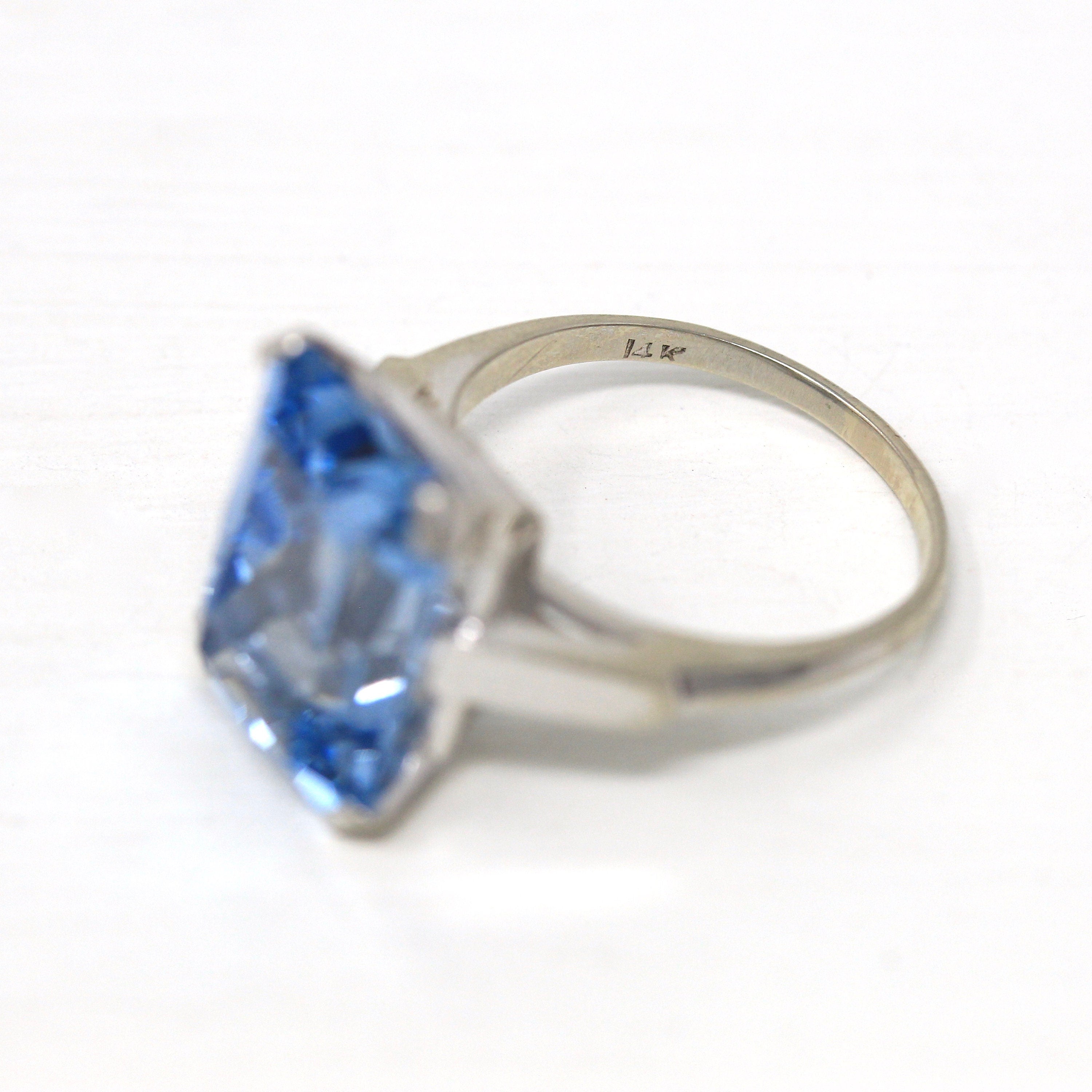 Created Spinel Ring - Vintage 14k White Gold Rectangular Cut Blue 13.48 Carat Statement - Circa 1960s Size 8 1/4 Cocktail 60s Fine Jewelry