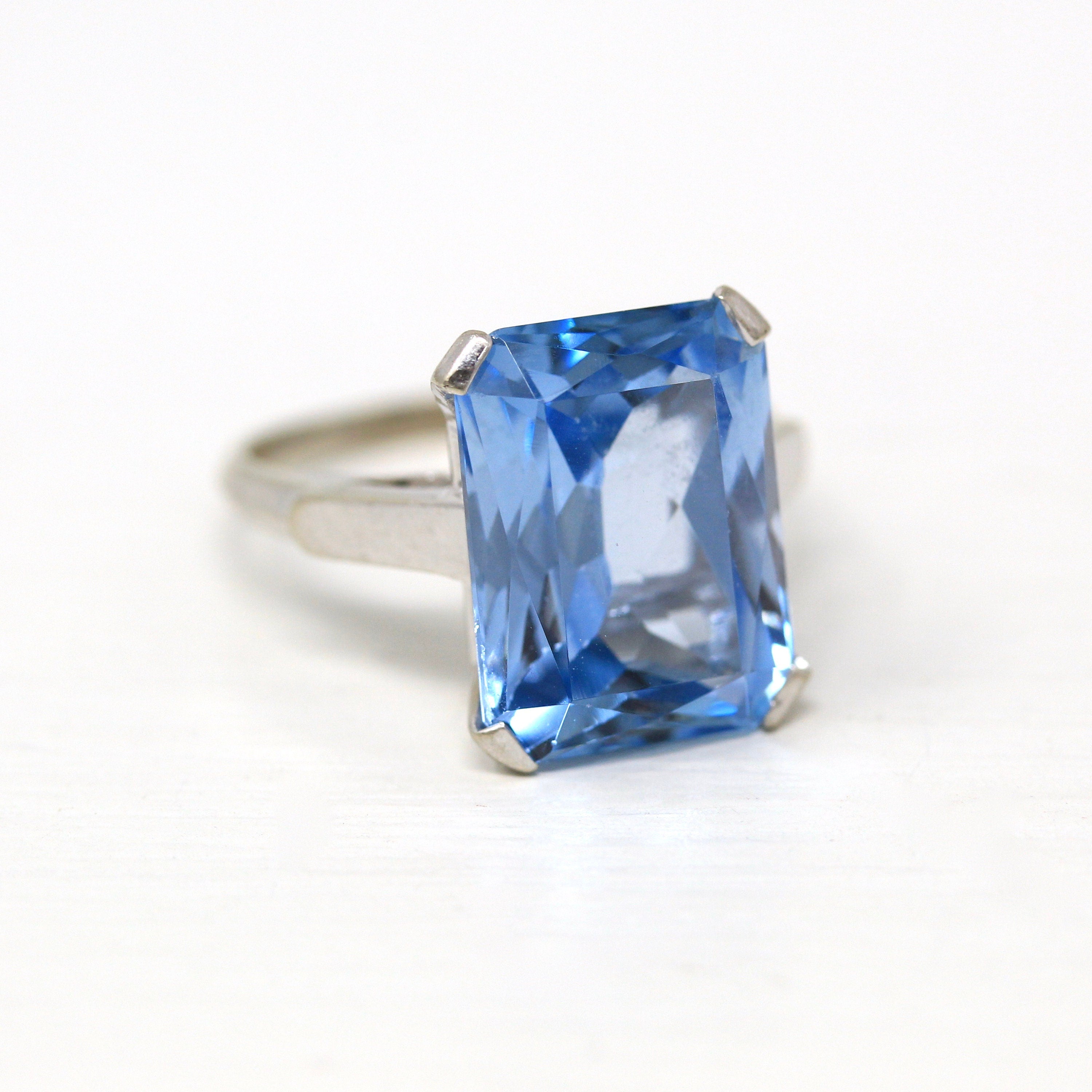 Sale - Created Spinel Ring - Vintage 14k White Gold Rectangular Cut Blue 13.48 Carat Statement - Circa 1960s Size 8 1/4 Cocktail Jewelry