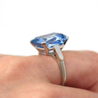 Created Spinel Ring - Vintage 14k White Gold Rectangular Cut Blue 13.48 Carat Statement - Circa 1960s Size 8 1/4 Cocktail 60s Fine Jewelry