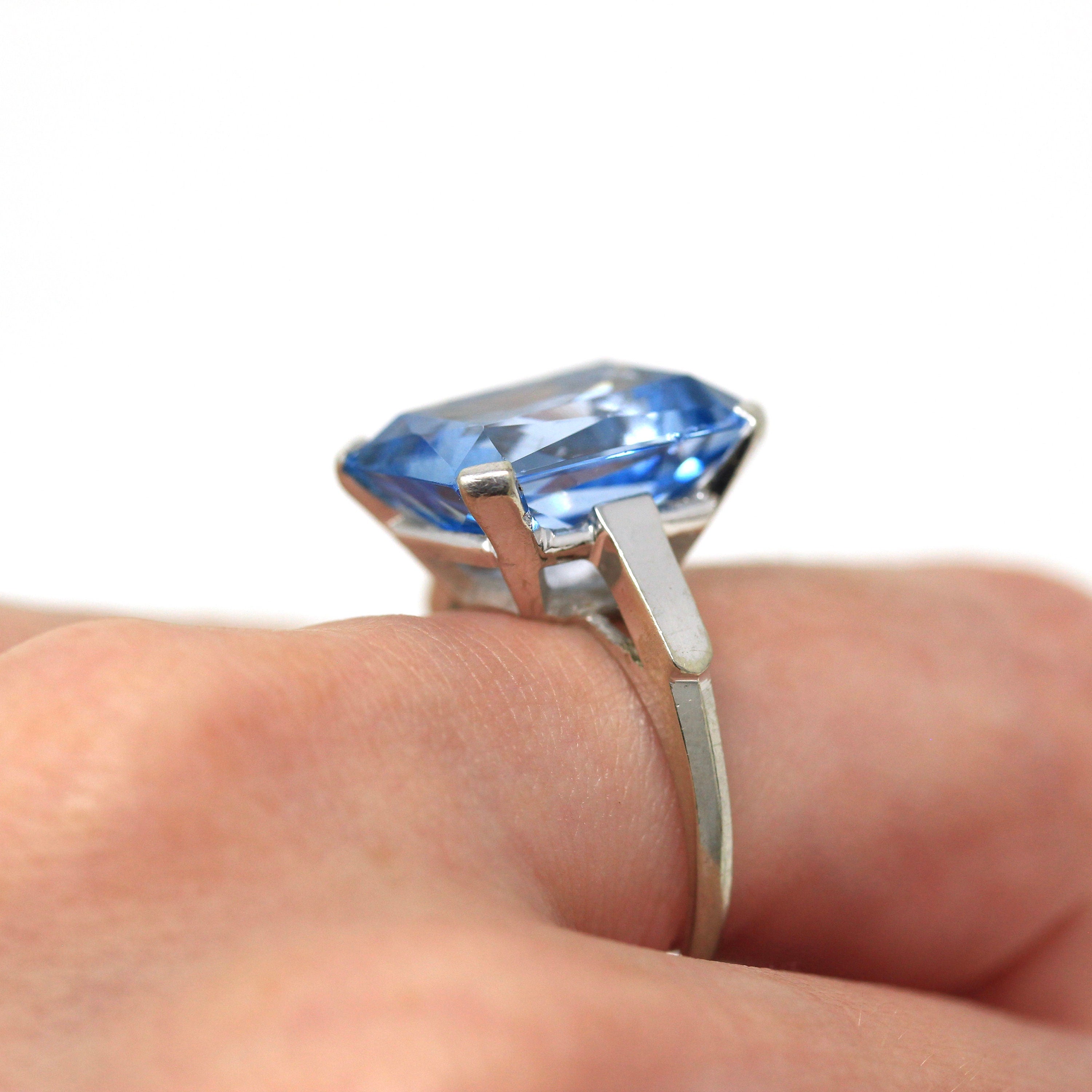 Created Spinel Ring - Vintage 14k White Gold Rectangular Cut Blue 13.48 Carat Statement - Circa 1960s Size 8 1/4 Cocktail 60s Fine Jewelry