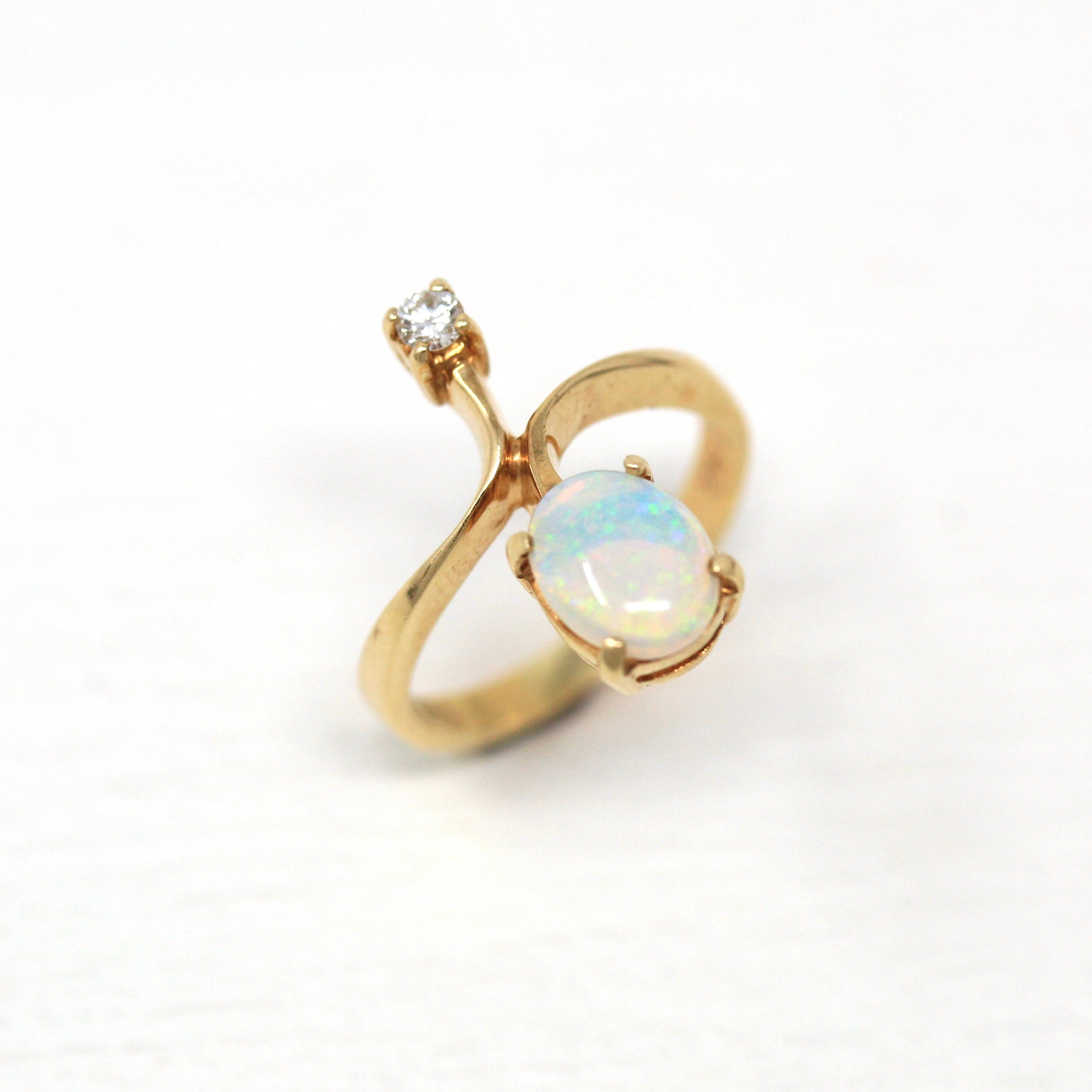 Opal & Diamond Ring - Retro 14k Yellow Gold Cabochon .68 CT Gemstone - Vintage Circa 1970s Era Size 4 3/4 October Birthstone Fine Jewelry