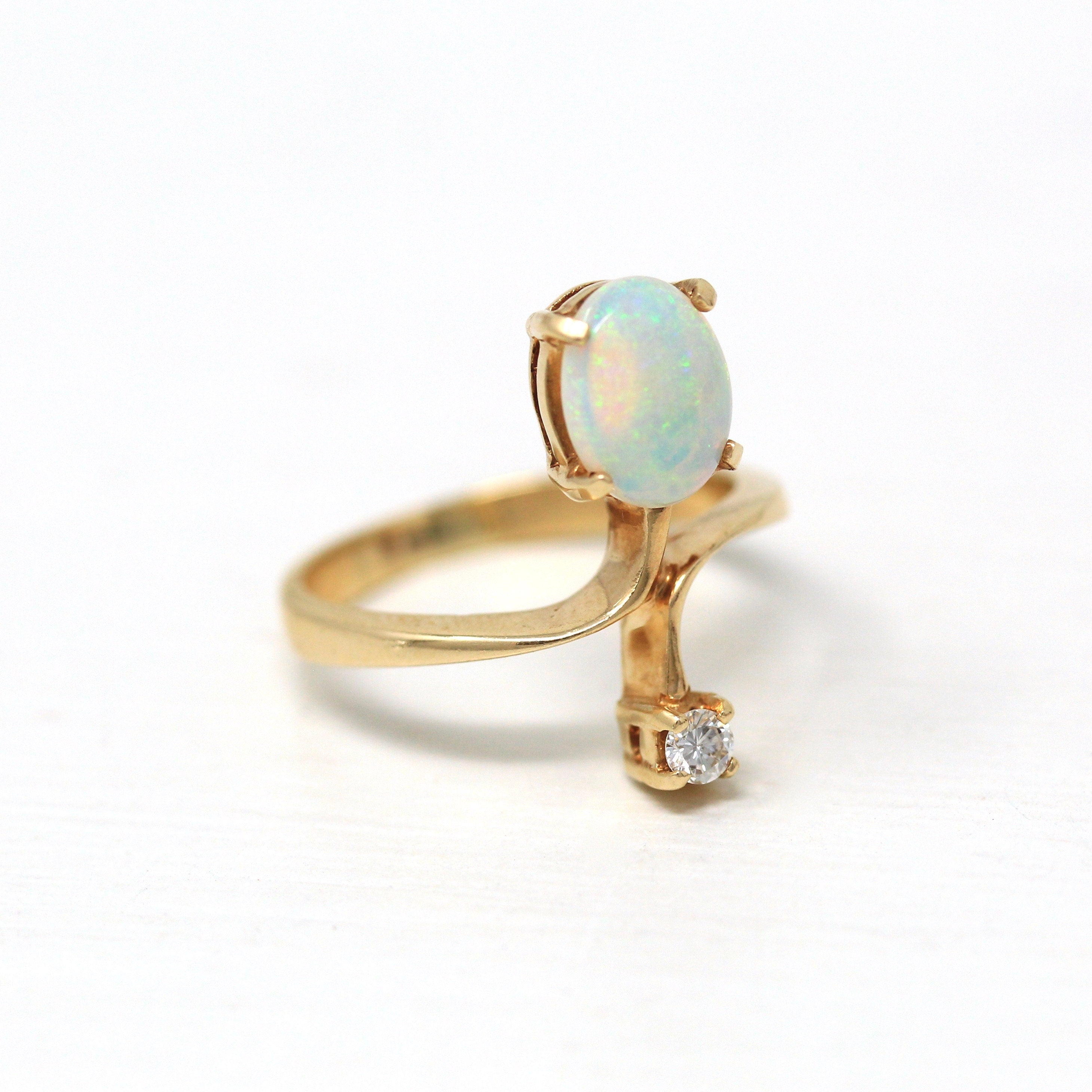 Opal & Diamond Ring - Retro 14k Yellow Gold Cabochon .68 CT Gemstone - Vintage Circa 1970s Era Size 4 3/4 October Birthstone Fine Jewelry