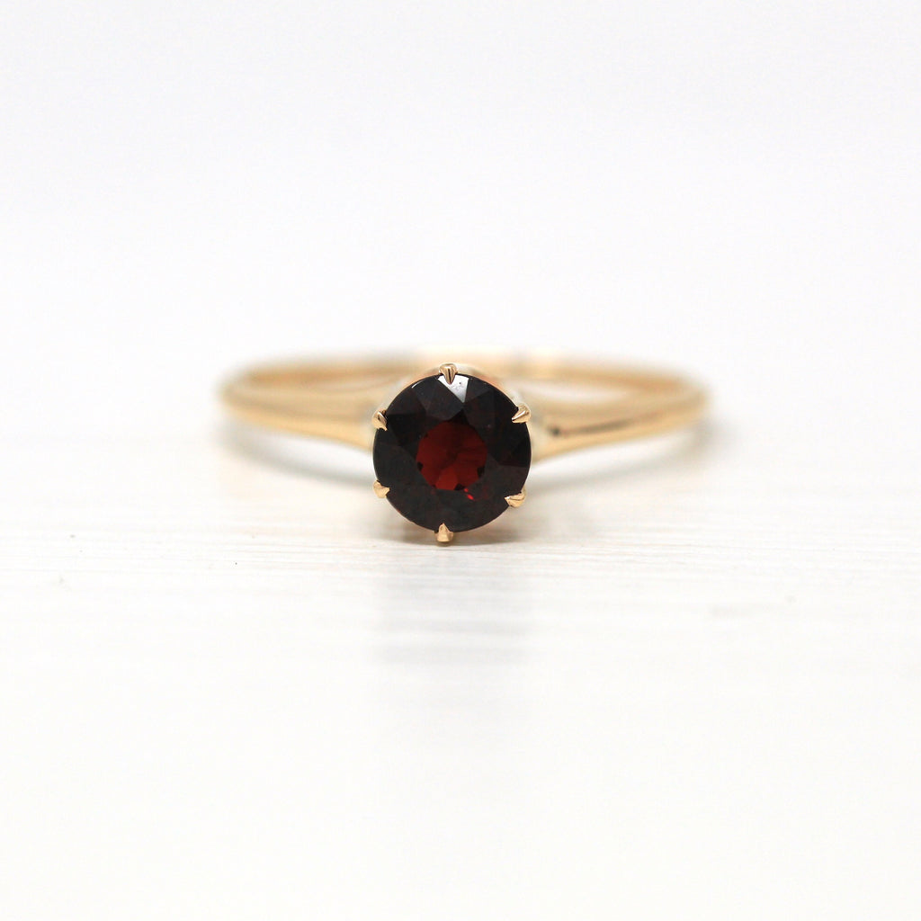 Genuine Garnet Ring - Edwardian 10k Yellow Gold Round Faceted Red .87 CT Gemstone - Antique Circa 1910s Era Size 8 Solitaire Fine Jewelry