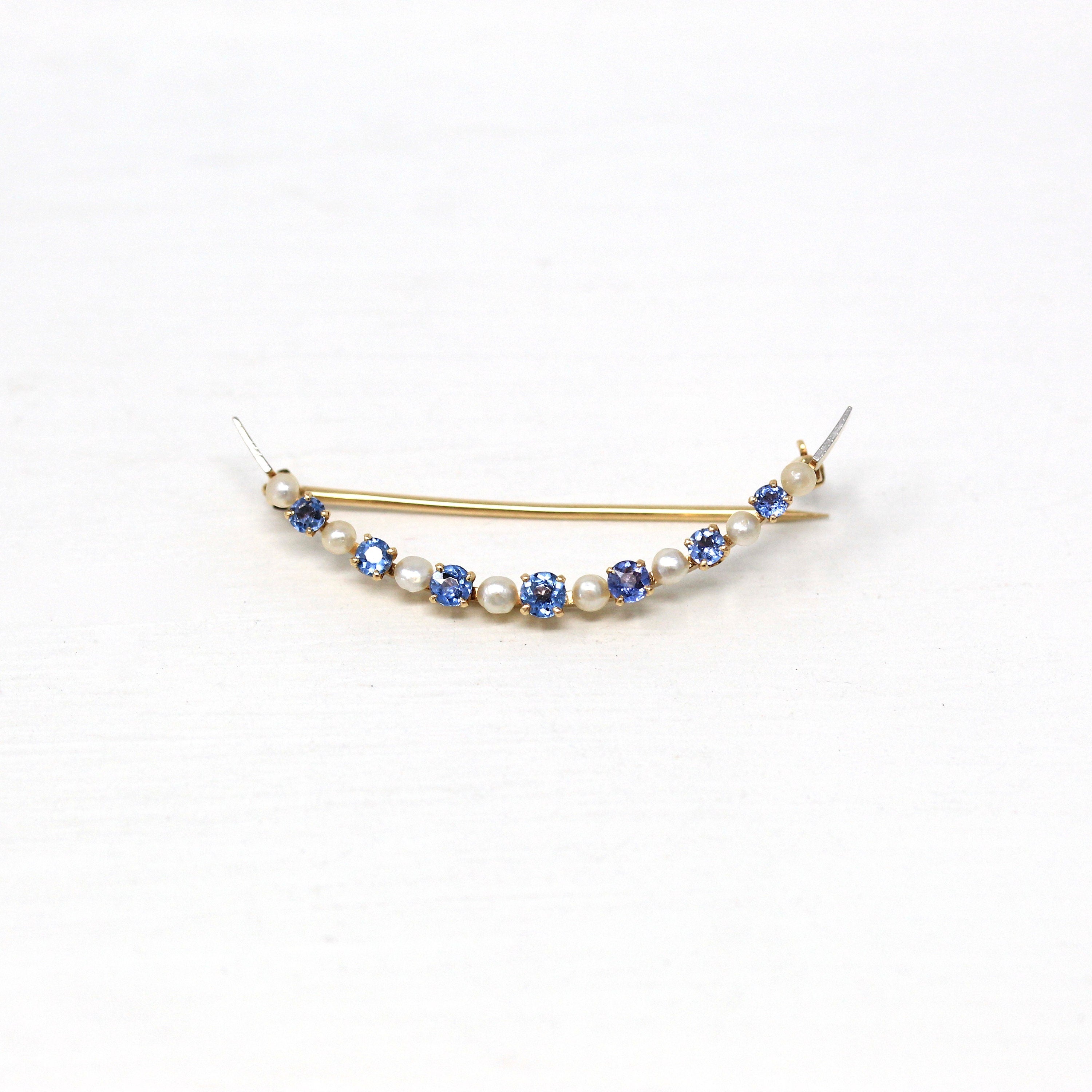 Crescent Moon Brooch - Edwardian 14k Yellow Gold Genuine Sapphires Seed Pearls Pin - Antique Circa 1910s Celestial Accessory Fine Jewelry