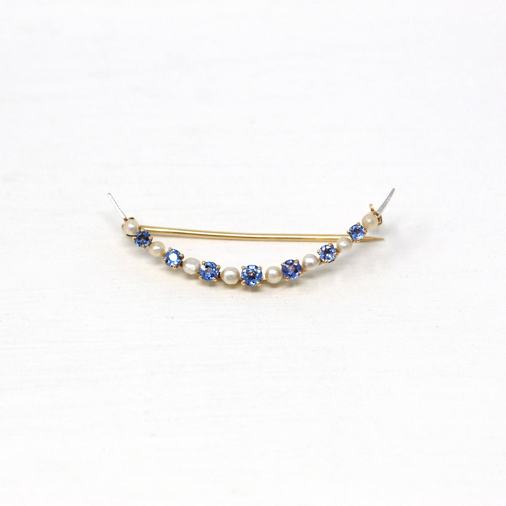 Crescent Moon Brooch - Edwardian 14k Yellow Gold Genuine Sapphires Seed Pearls Pin - Antique Circa 1910s Celestial Accessory Fine Jewelry