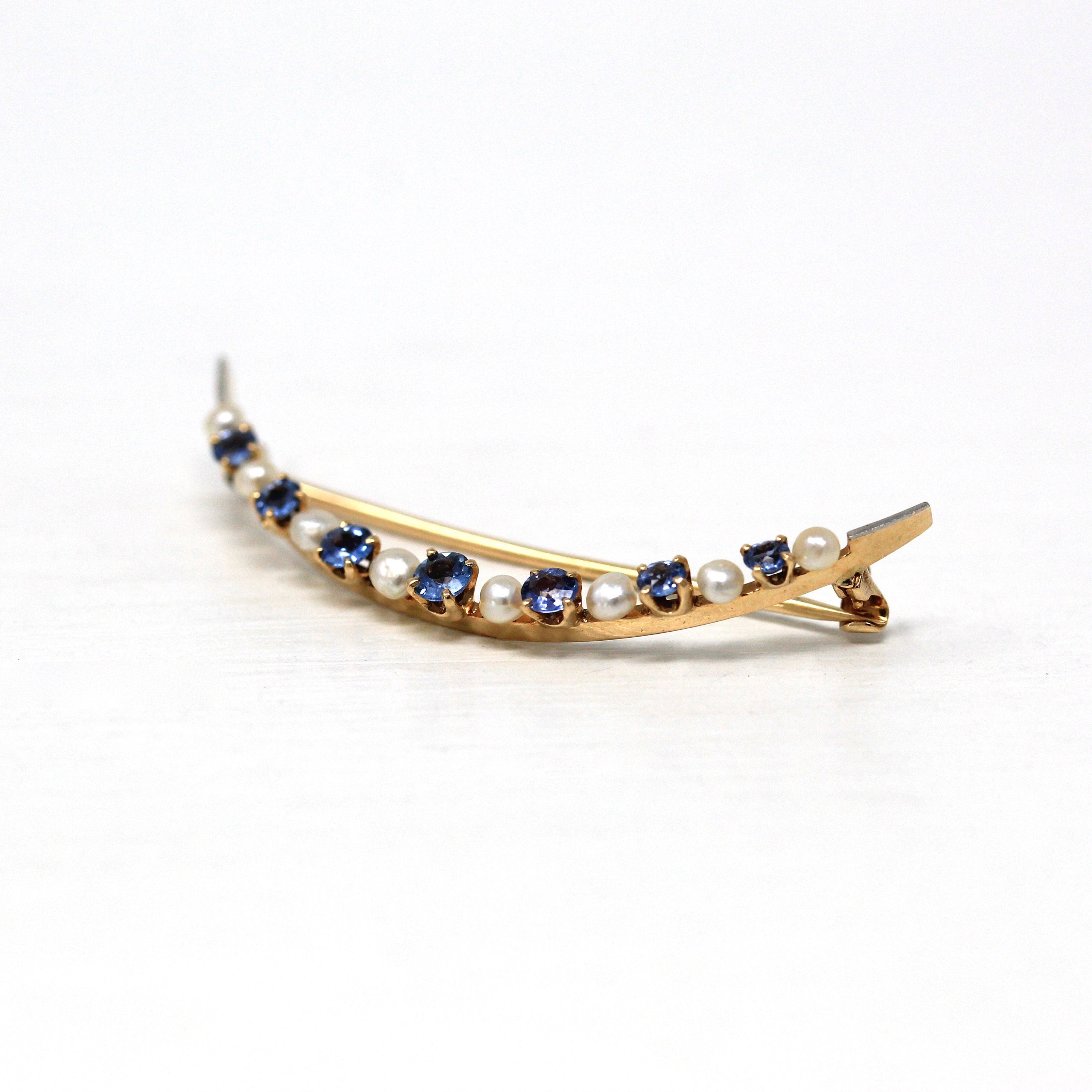 Crescent Moon Brooch - Edwardian 14k Yellow Gold Genuine Sapphires Seed Pearls Pin - Antique Circa 1910s Celestial Accessory Fine Jewelry