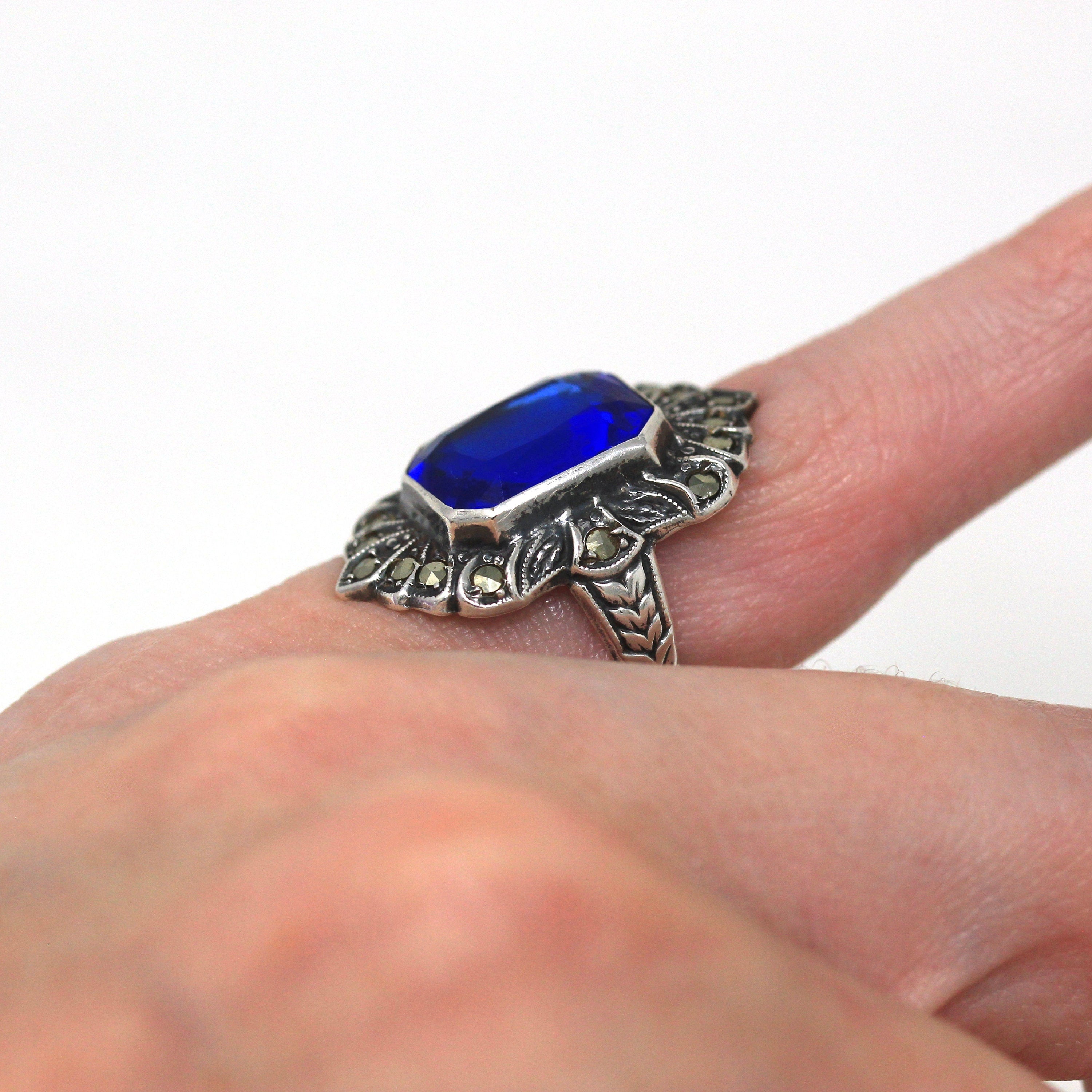 Art Deco Ring - Vintage Sterling Silver Blue Glass Genuine Marcasite - 1930s Era Size 3 Simulated Sapphire Shield Style Flapper Jewelry