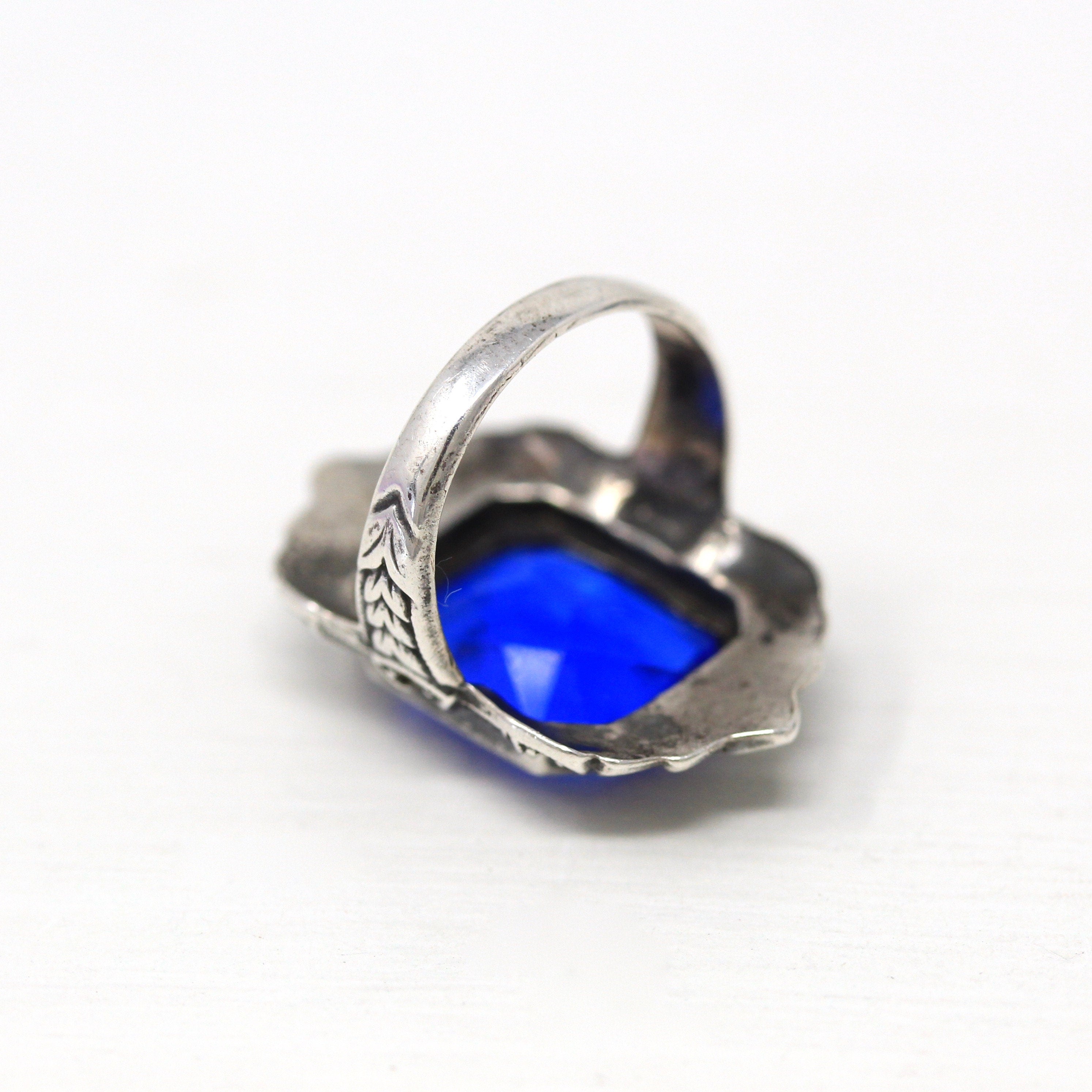 Art Deco Ring - Vintage Sterling Silver Blue Glass Genuine Marcasite - 1930s Era Size 3 Simulated Sapphire Shield Style Flapper Jewelry