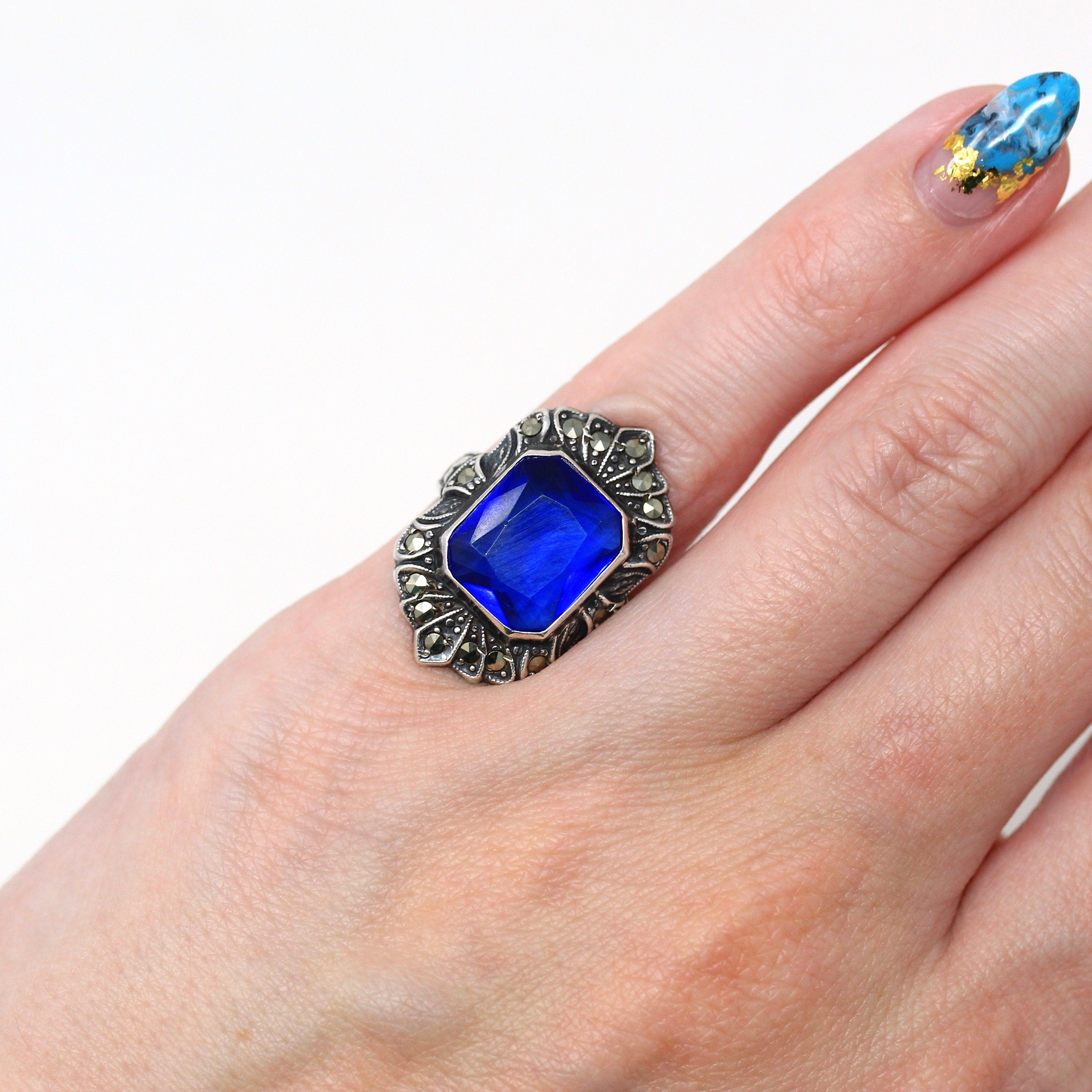 Art Deco Ring - Vintage Sterling Silver Blue Glass Genuine Marcasite - 1930s Era Size 3 Simulated Sapphire Shield Style Flapper Jewelry