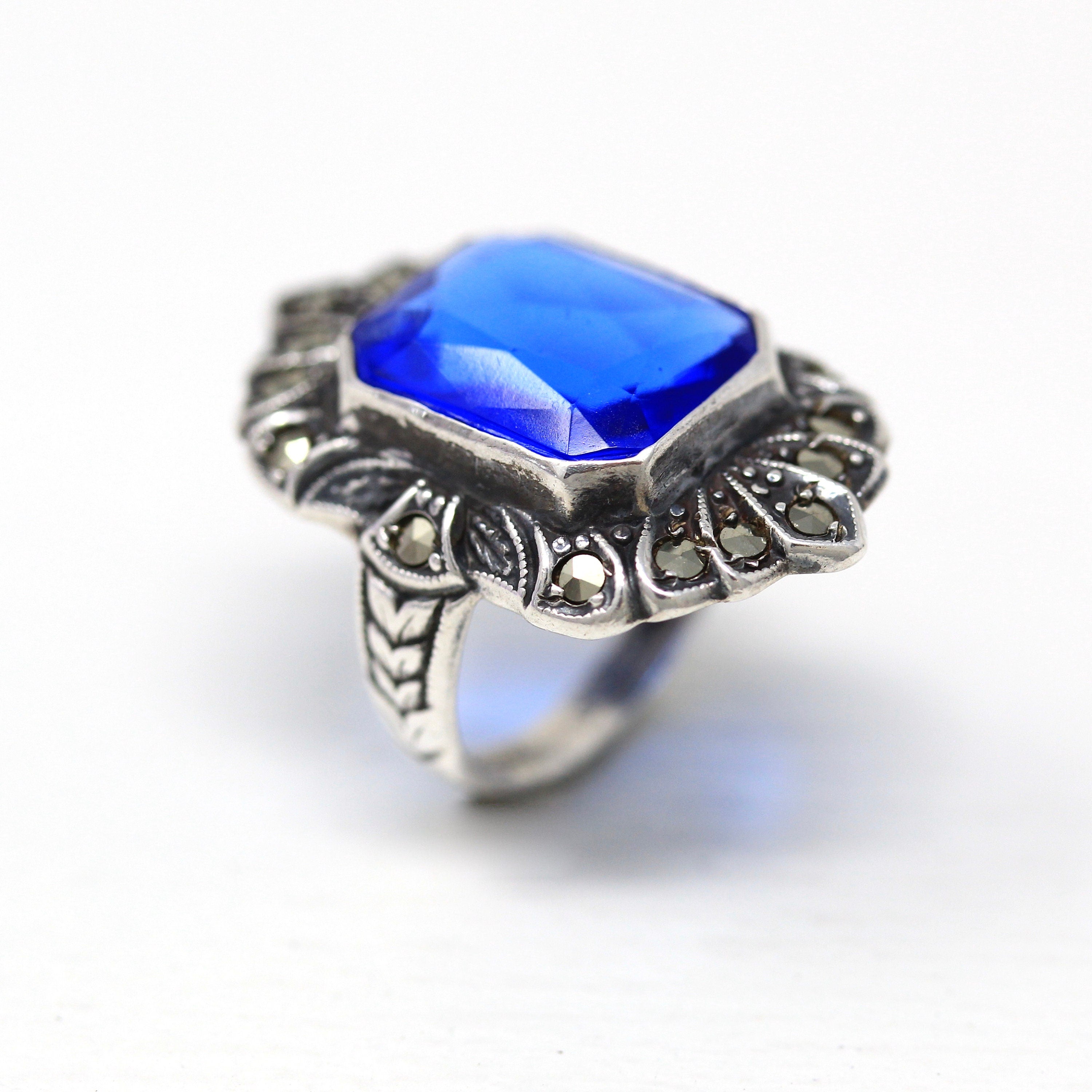 Art Deco Ring - Vintage Sterling Silver Blue Glass Genuine Marcasite - 1930s Era Size 3 Simulated Sapphire Shield Style Flapper Jewelry