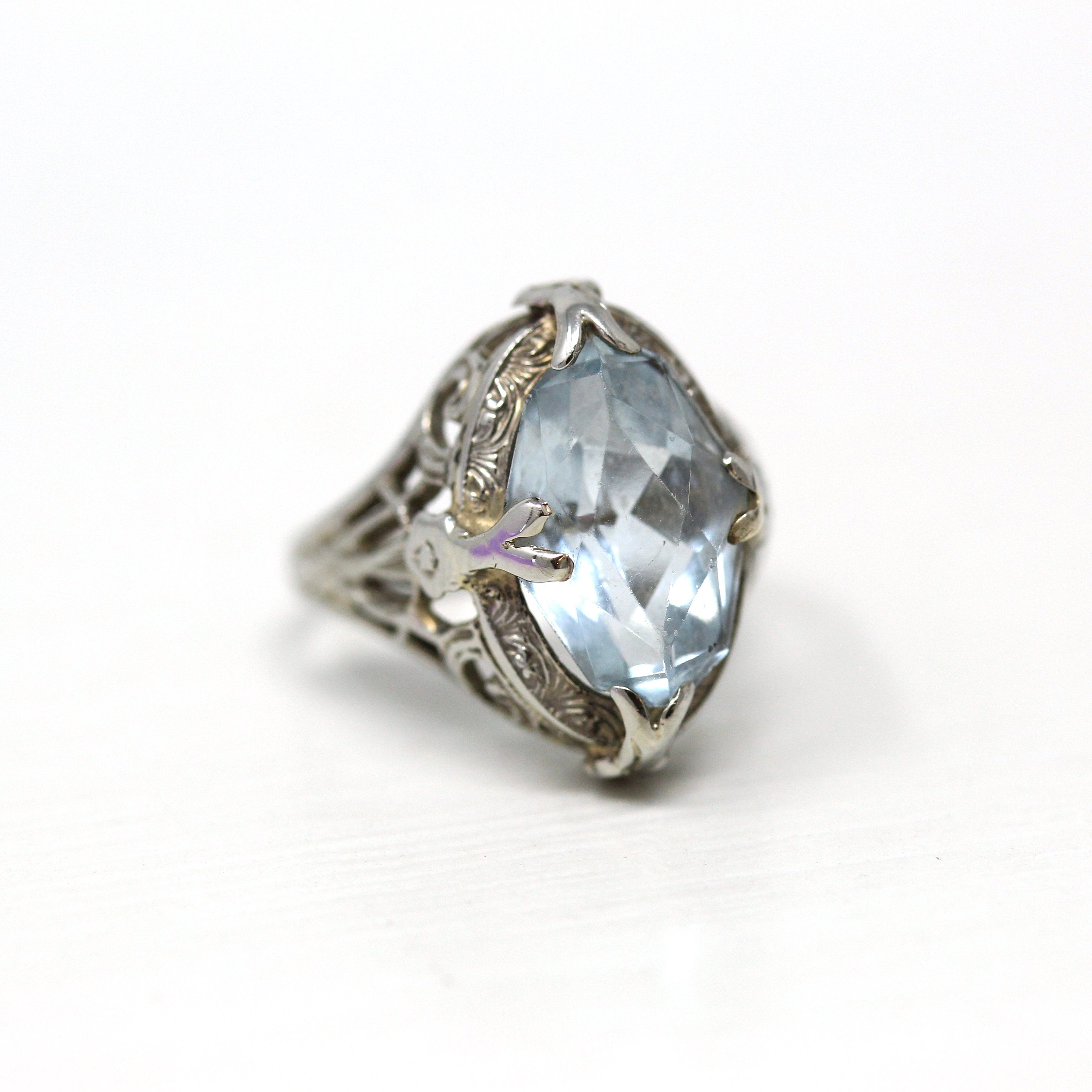 Vintage Aquamarine Ring - Art Deco Era 14k White Gold Marquise Cut 2.17 CT Blue Gem - Vintage 1930s Era Size 3 March Birthstone Fine Jewelry