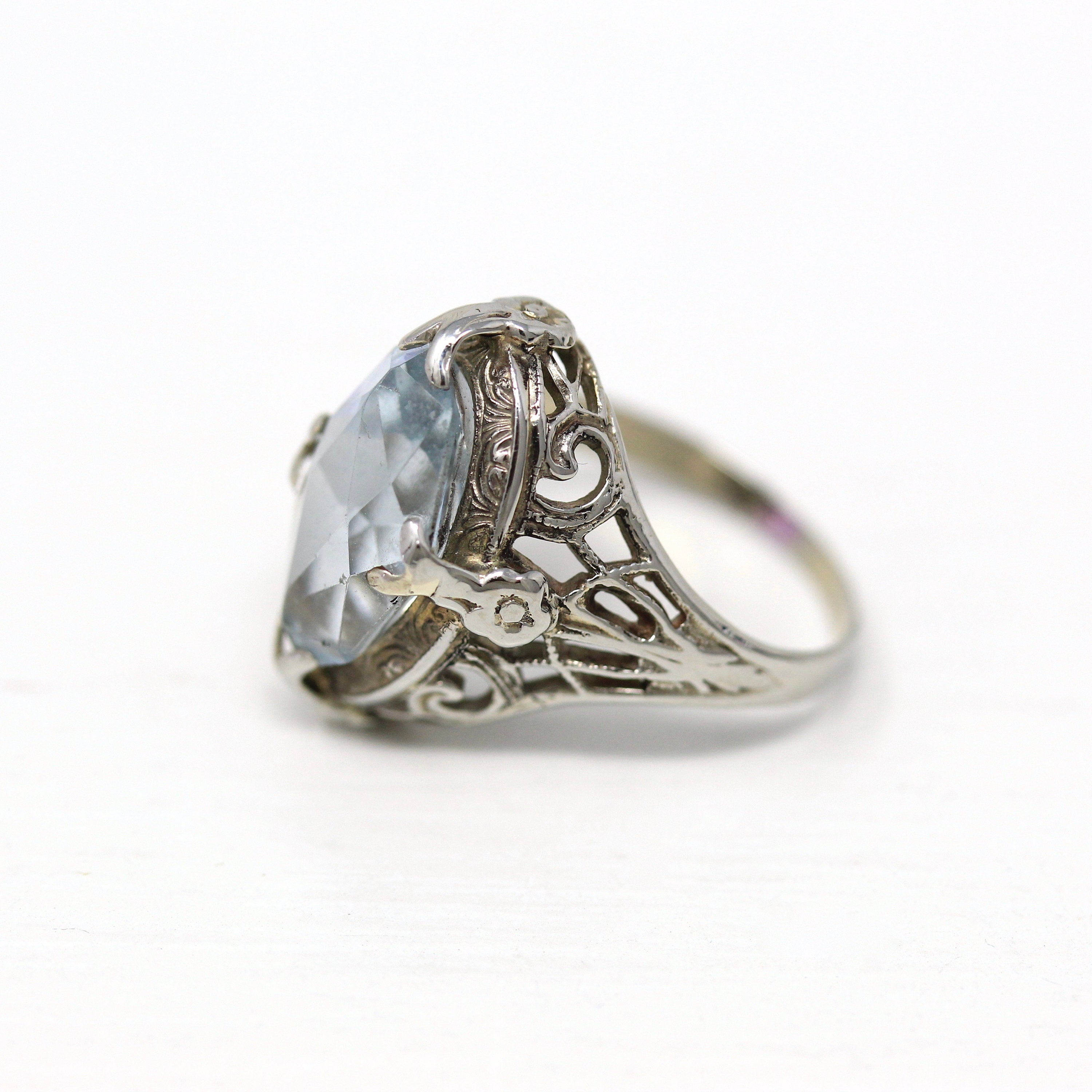 Vintage Aquamarine Ring - Art Deco Era 14k White Gold Marquise Cut 2.17 CT Blue Gem - Vintage 1930s Era Size 3 March Birthstone Fine Jewelry