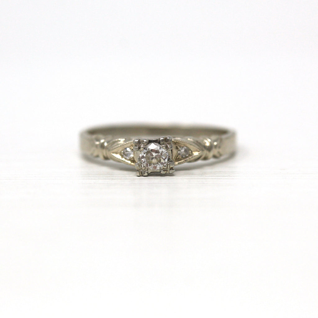 Mid Century Diamond Ring - Vintage 14k White Gold Round .12 CTW Genuine Diamond Gemstones - Circa 1950s Size 6.75 Engagement Fine Jewelry
