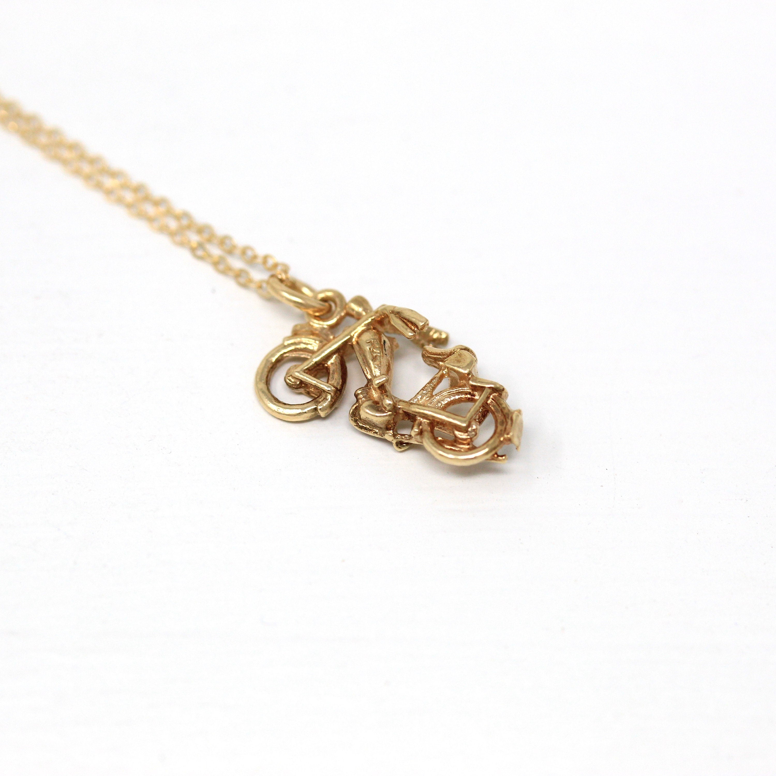 Vintage Motorcycle Charm - Retro 14k Yellow Gold Figural Pendant Necklace - 1960s Era Vehicle Transportation Bike 60s Fine Jewelry