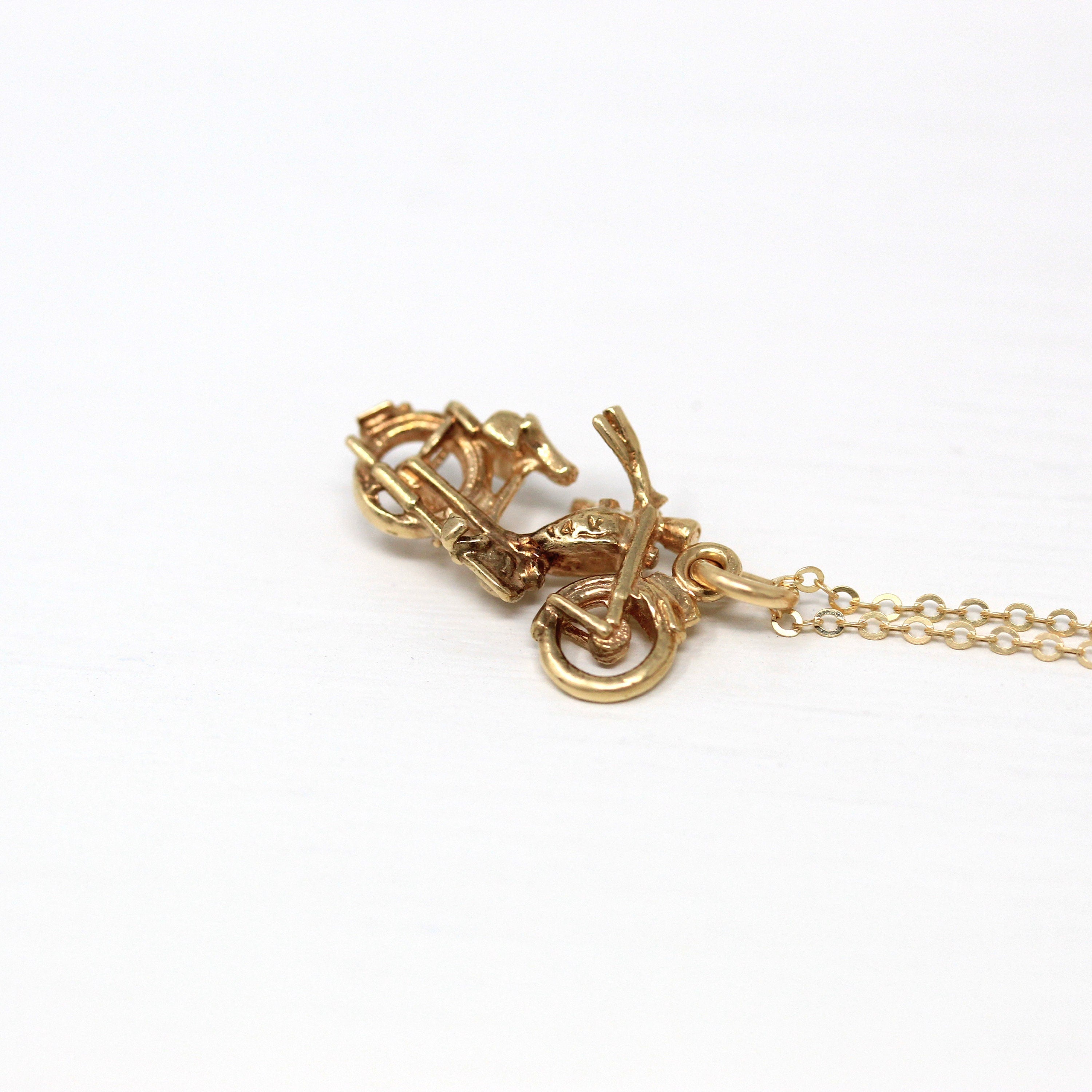 Vintage Motorcycle Charm - Retro 14k Yellow Gold Figural Pendant Necklace - 1960s Era Vehicle Transportation Bike 60s Fine Jewelry