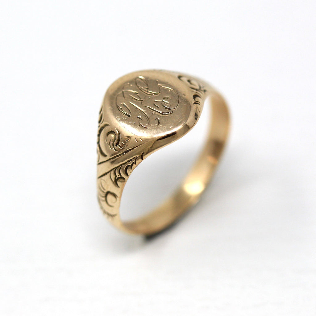 Antique Signet Ring - Edwardian Era 14k Yellow Gold Hand Engraved Letters RG Band - Vintage Circa 1910s Size 6 Classic Initial Fine Jewelry