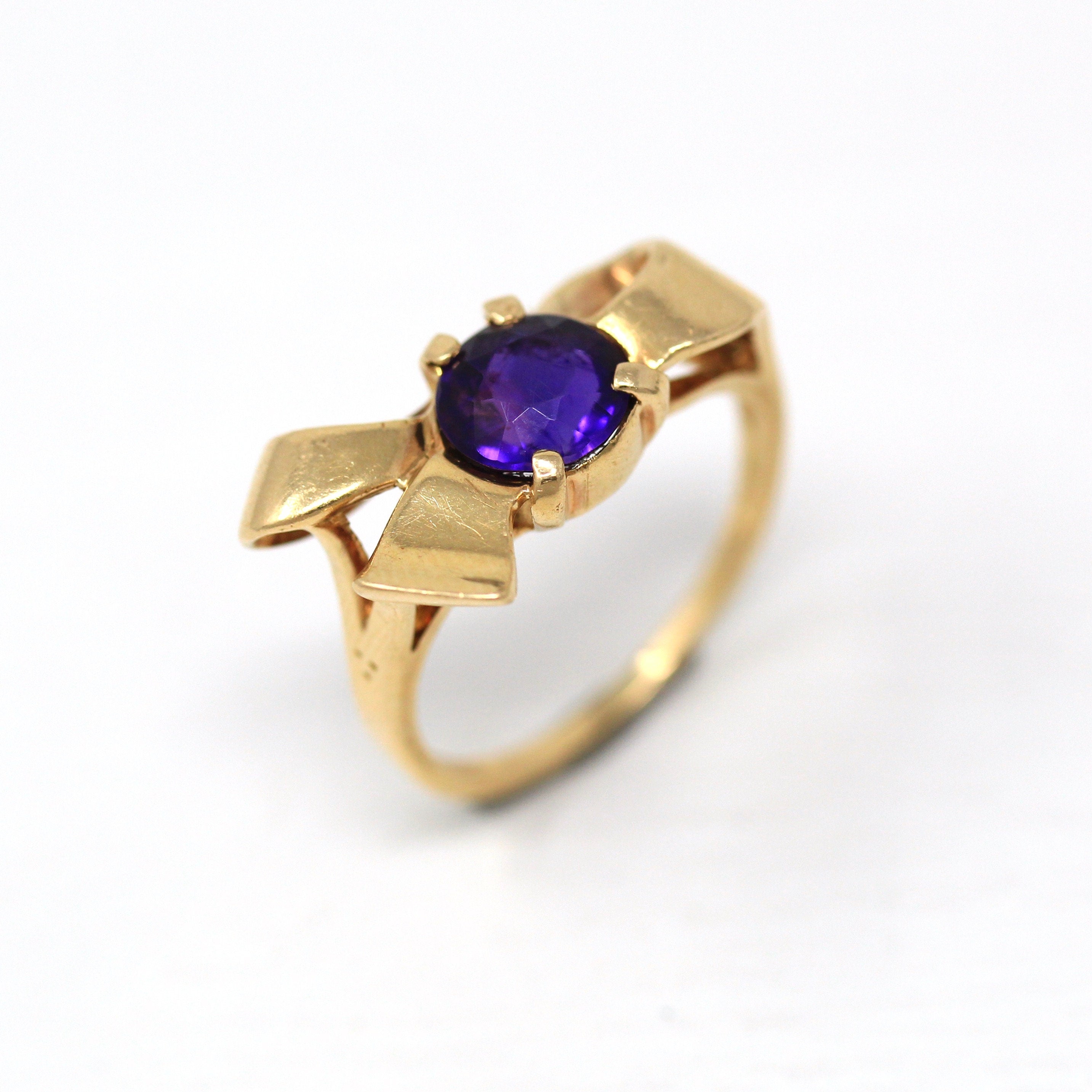 Genuine Amethyst Ring - Retro 14k Yellow Gold Round Faceted 0.91 CT Purple Gem - Vintage Circa 1940s Era Size 4.5 Bow Design Fine Jewelry