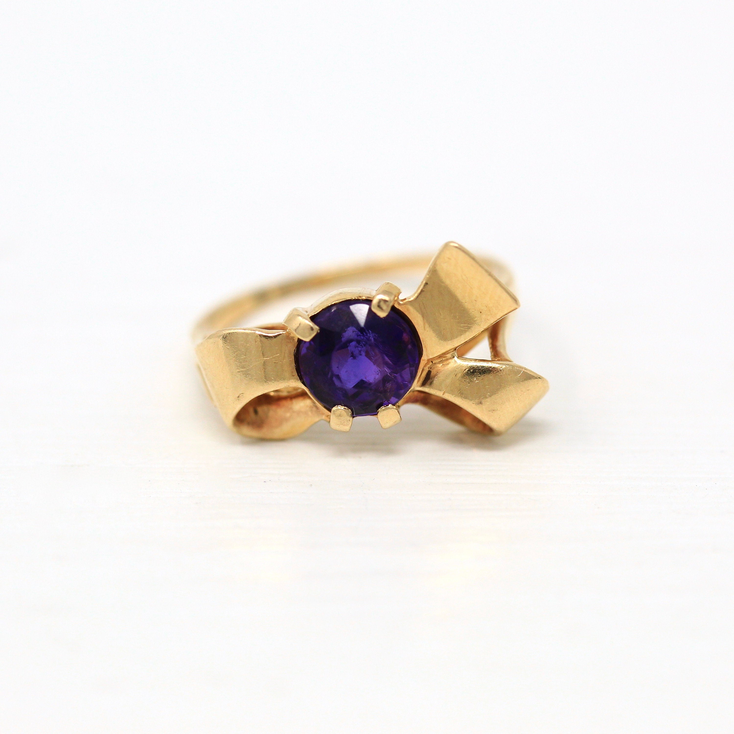 Genuine Amethyst Ring - Retro 14k Yellow Gold Round Faceted 0.91 CT Purple Gem - Vintage Circa 1940s Era Size 4.5 Bow Design Fine Jewelry