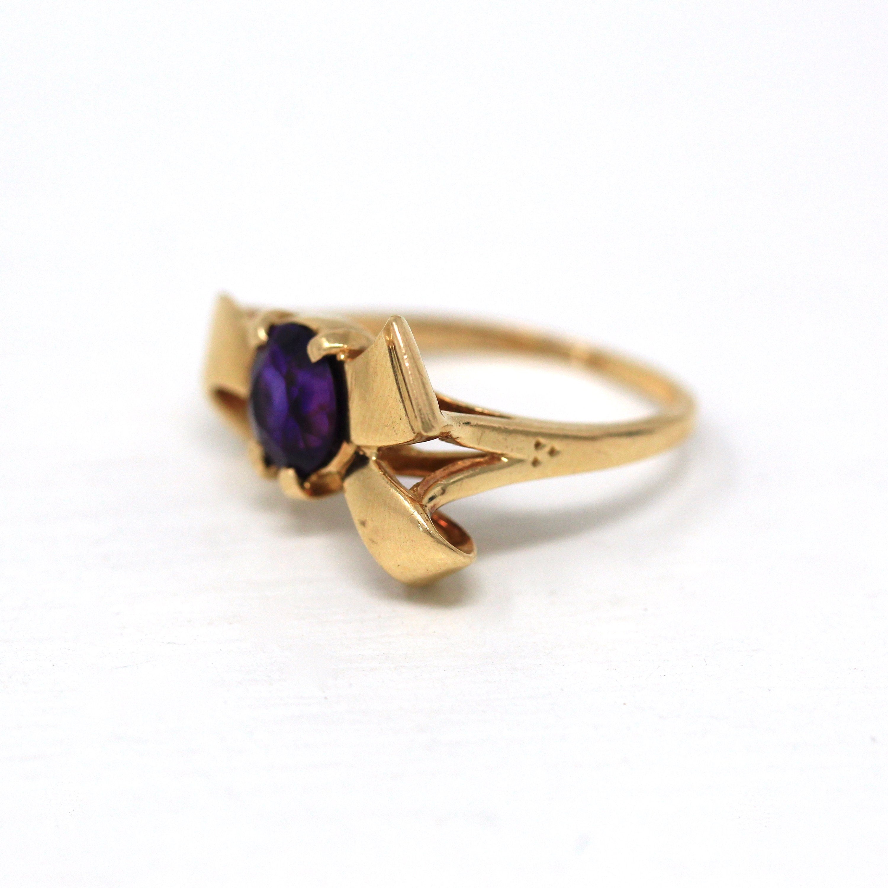 Genuine Amethyst Ring - Retro 14k Yellow Gold Round Faceted 0.91 CT Purple Gem - Vintage Circa 1940s Era Size 4.5 Bow Design Fine Jewelry