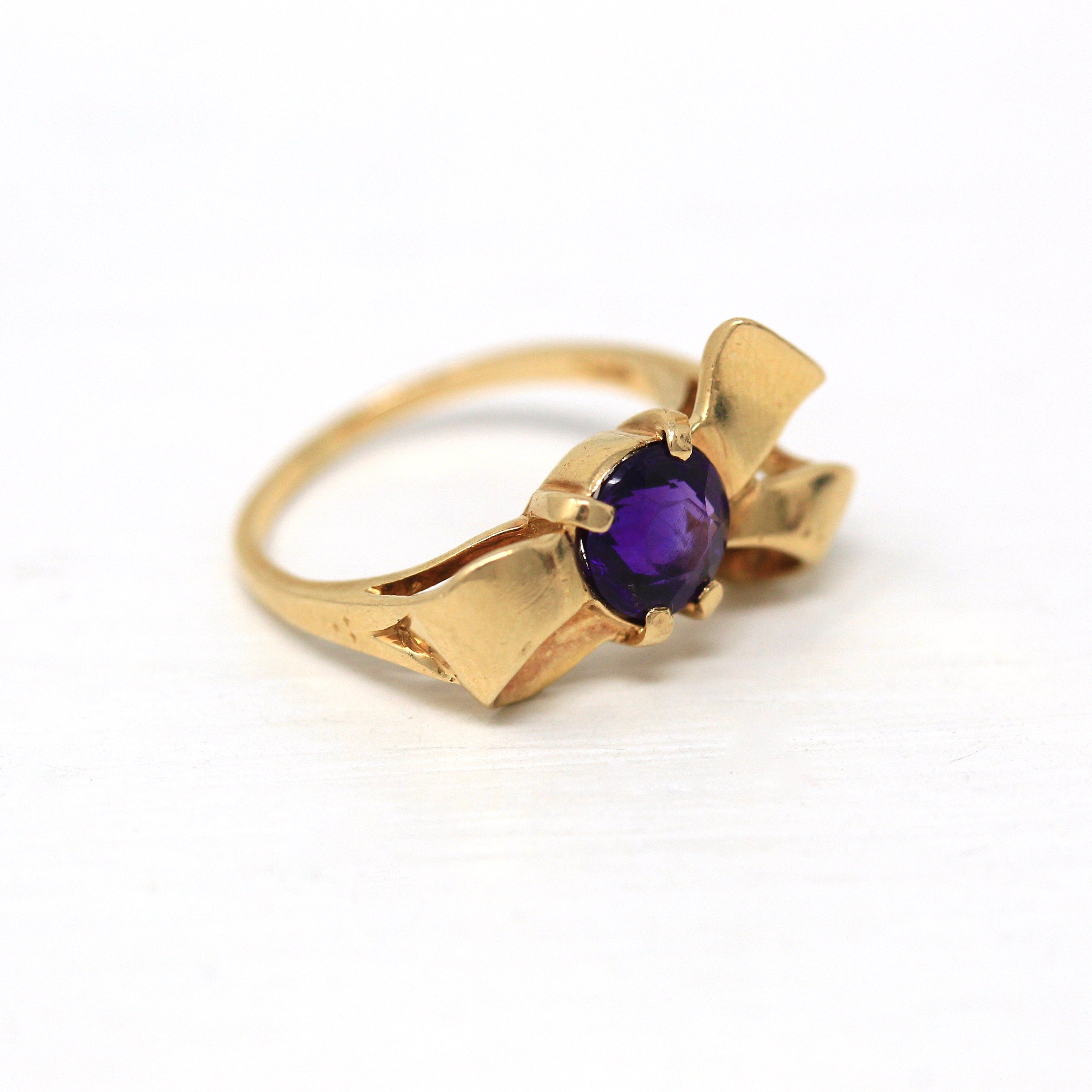 Genuine Amethyst Ring - Retro 14k Yellow Gold Round Faceted 0.91 CT Purple Gem - Vintage Circa 1940s Era Size 4.5 Bow Design Fine Jewelry