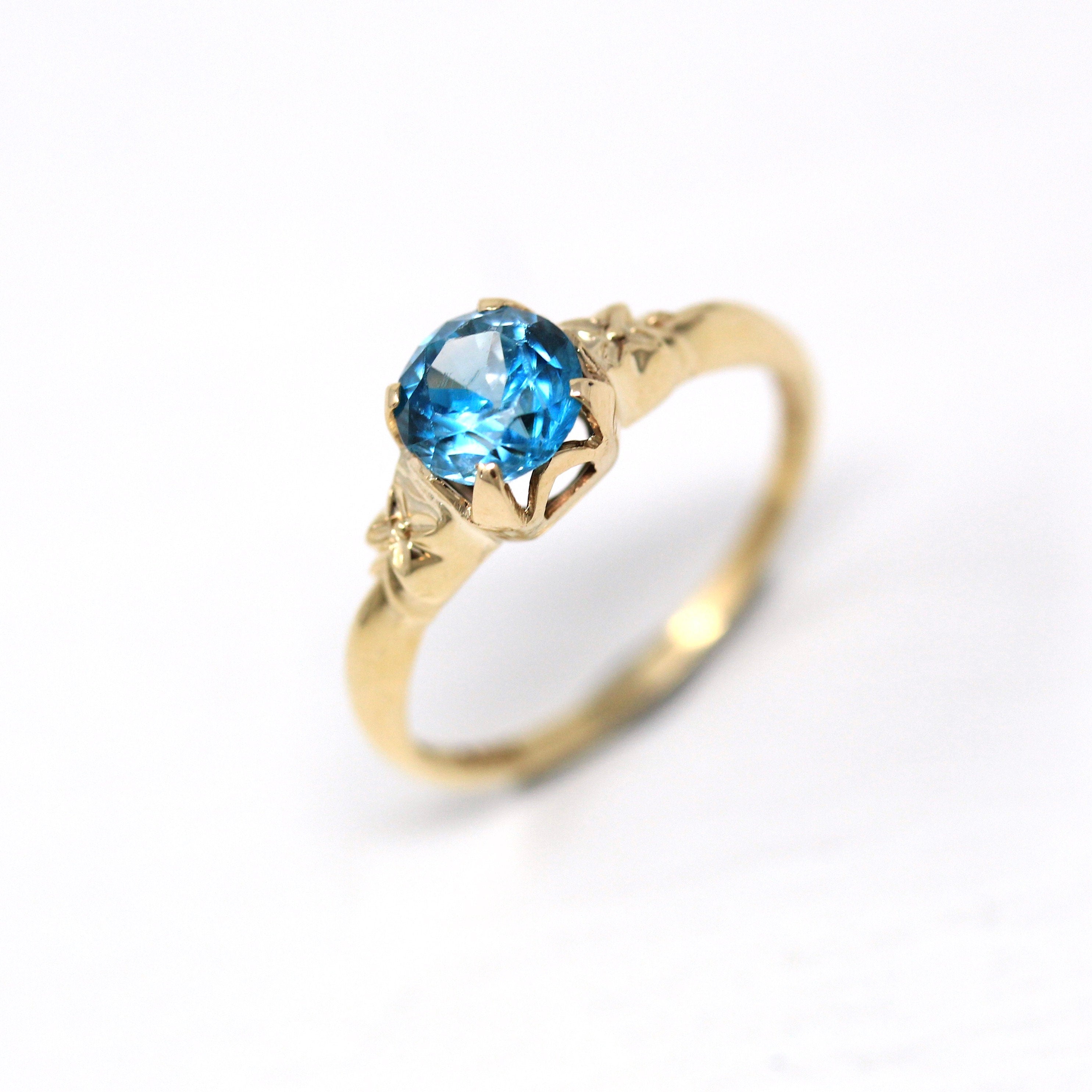 Genuine Blue Zircon Ring - Retro 10k Yellow Gold Round Blue 1.17 CT Gemstone - Vintage Circa 1940s Era Size 6 Solitaire Fine Flower Jewelry