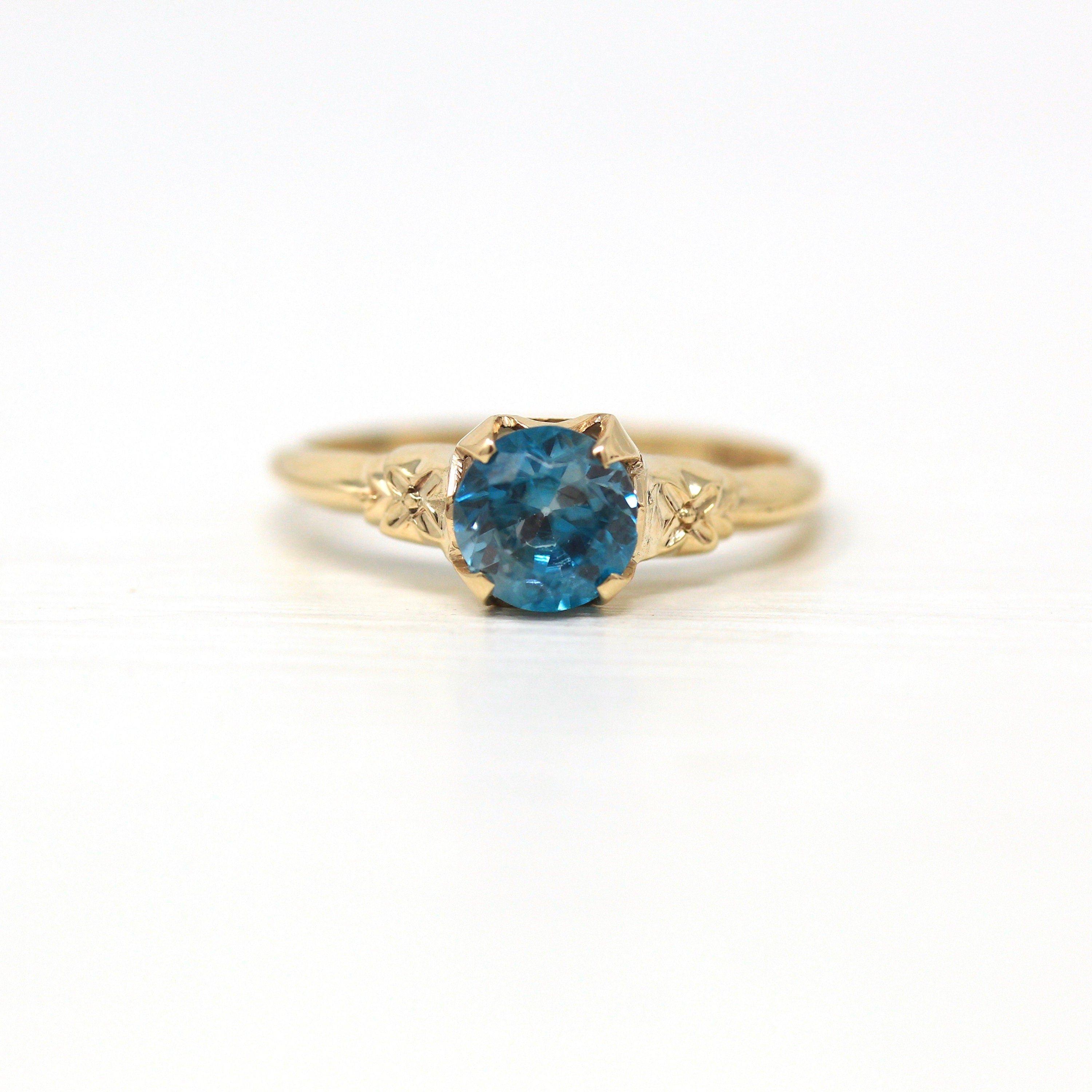 Genuine Blue Zircon Ring - Retro 10k Yellow Gold Round Blue 1.17 CT Gemstone - Vintage Circa 1940s Era Size 6 Solitaire Fine Flower Jewelry