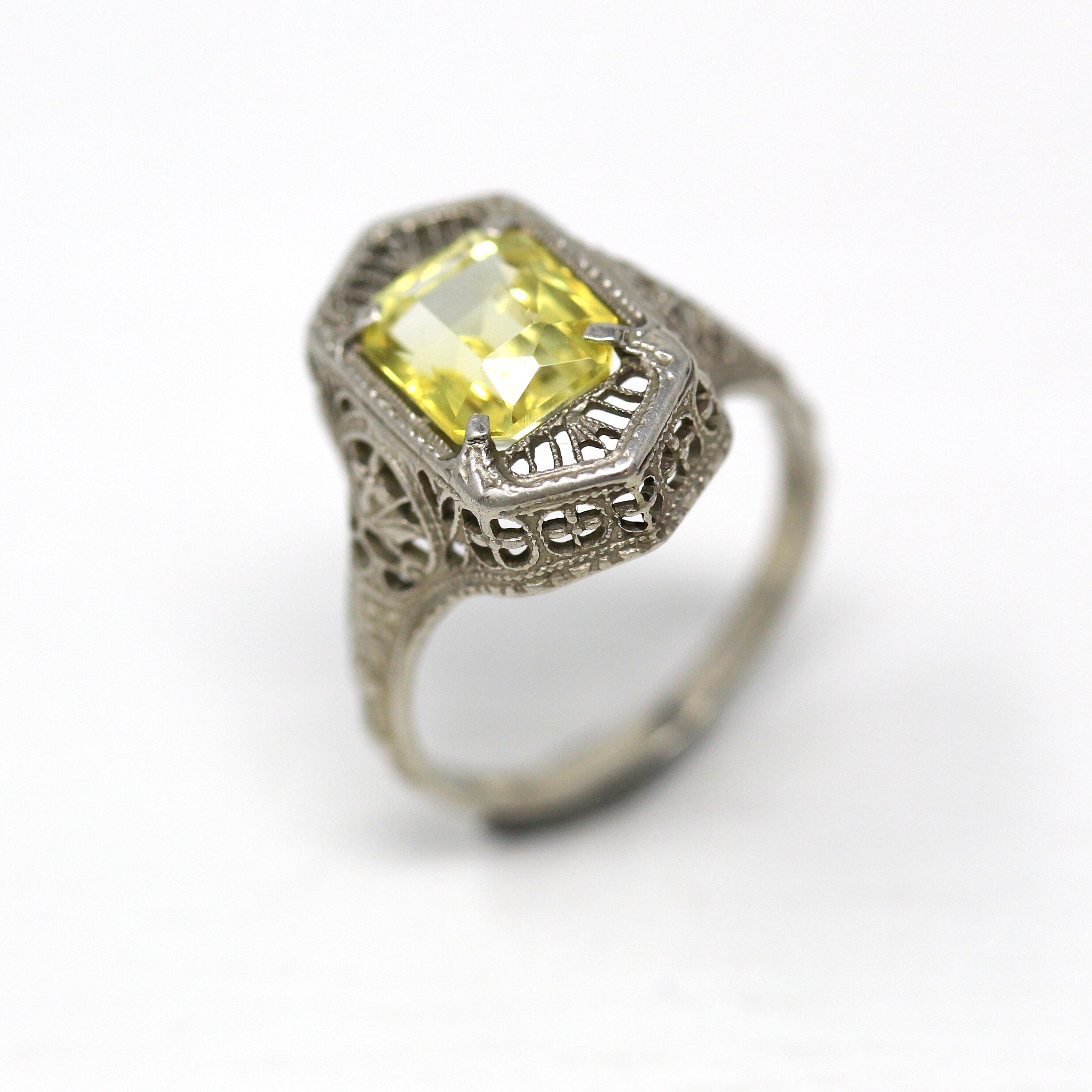 Antique Filigree Ring - Art Deco Era 10k White Gold 2.47 Ct Created Yellow Sapphire Statement - Vintage Circa 1920s Size 5 1/4 Fine Jewelry