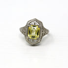 Antique Filigree Ring - Art Deco Era 10k White Gold 2.47 Ct Created Yellow Sapphire Statement - Vintage Circa 1920s Size 5 1/4 Fine Jewelry