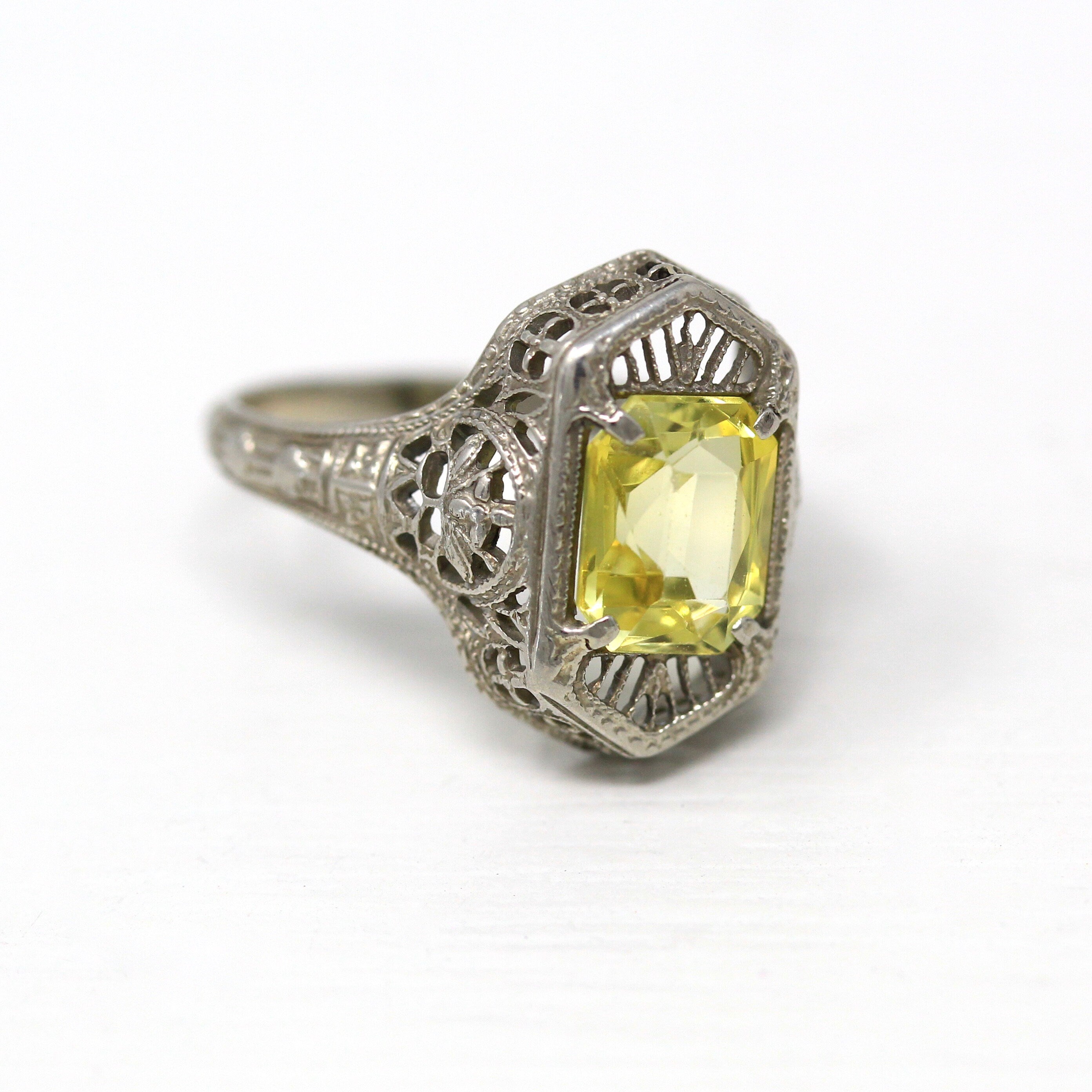 Antique Filigree Ring - Art Deco Era 10k White Gold 2.47 Ct Created Yellow Sapphire Statement - Vintage Circa 1920s Size 5 1/4 Fine Jewelry