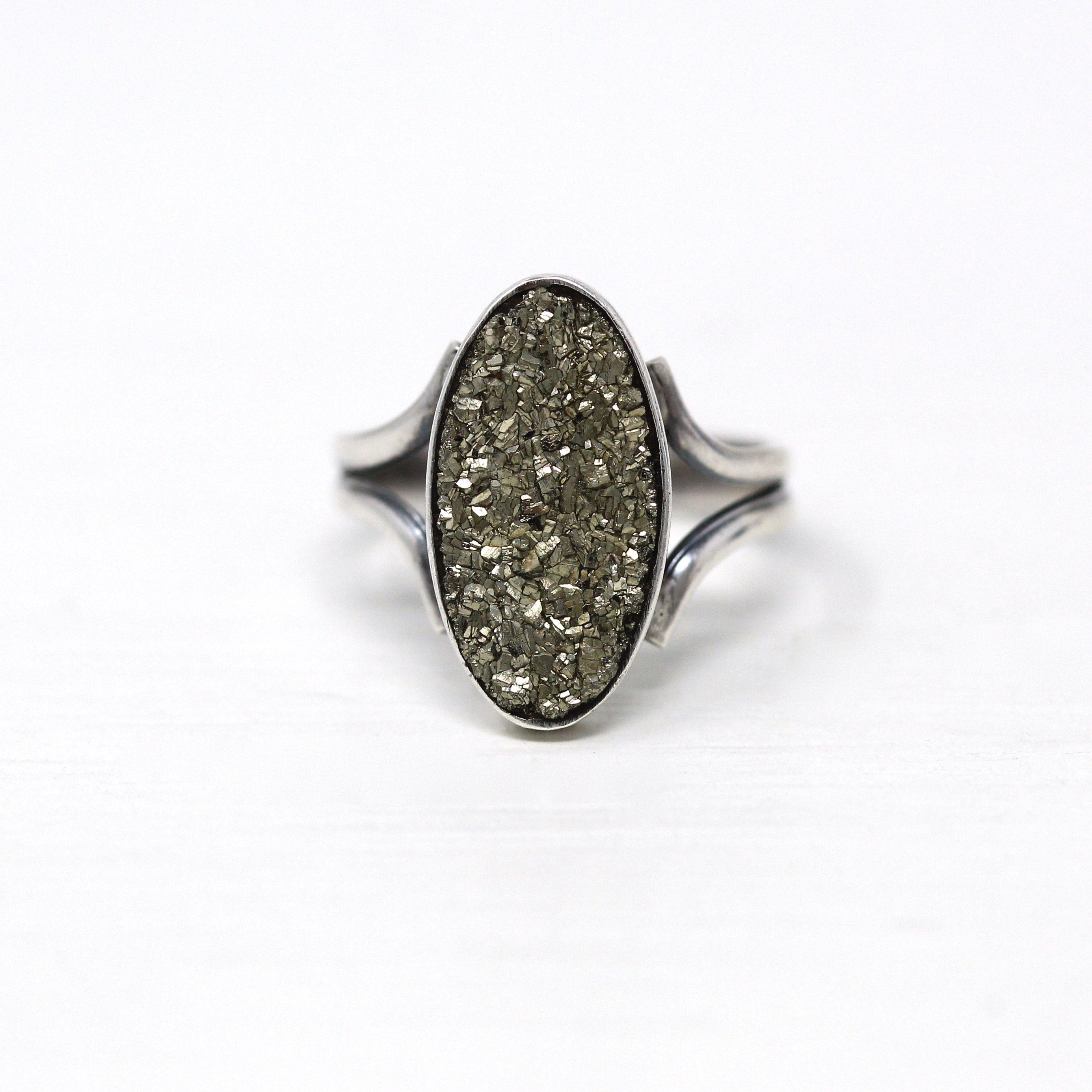 Vintage Pyrite Ring - Retro Sterling Silver Genuine Sparkly Druzy Crystal Cluster - 1940s Size 3 1/4 Fool's Gold Metallic Dainty Jewelry