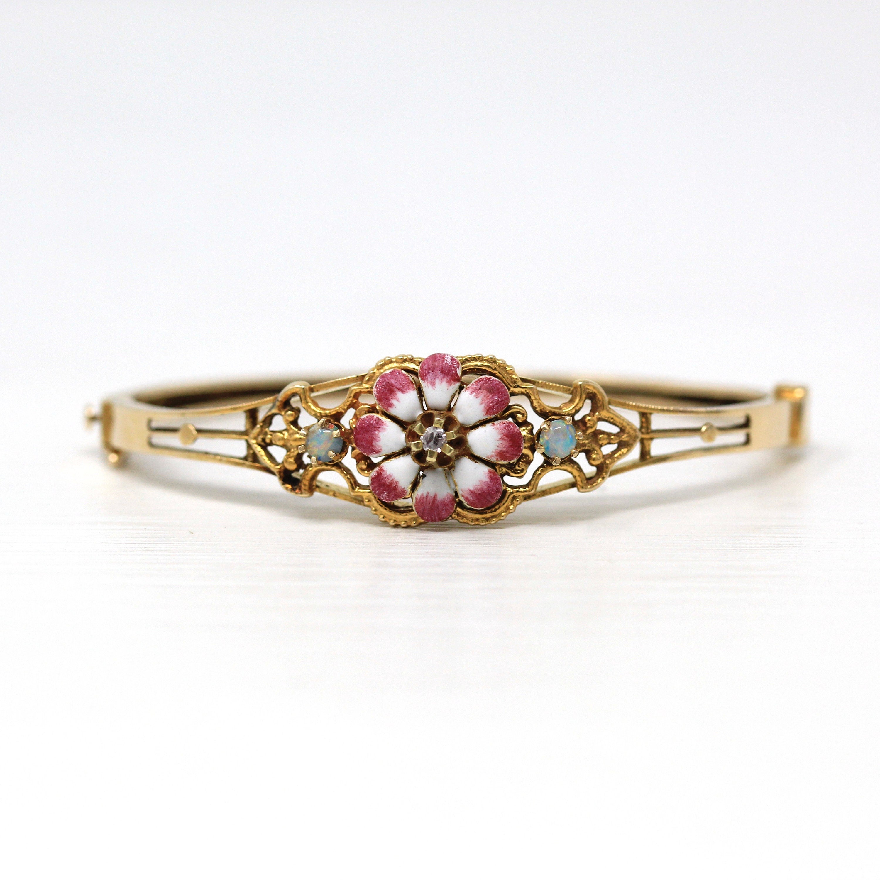 Art Nouveau Style Bracelet - Retro Era 14k Yellow Gold Genuine .03 CT Diamond Gem Bangle - Circa 1960s Enamel Flower & Opal Fine Jewelry