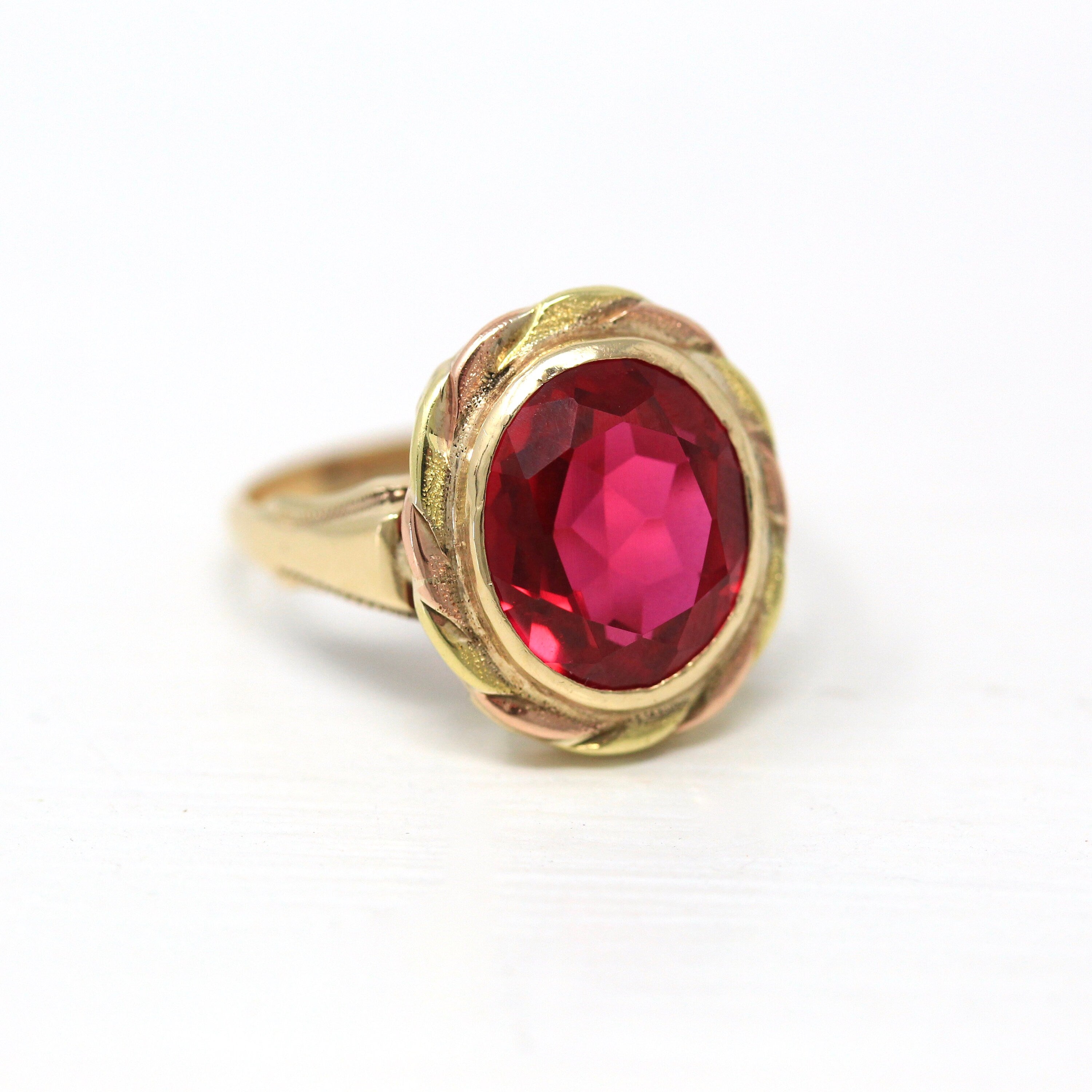 Created Ruby Ring - Vintage Retro 10k Yellow & Rose Gold Oval 4.24 Carat Statement - Circa 1940s Era Size 6 3/4 July Birthstone Fine Jewelry