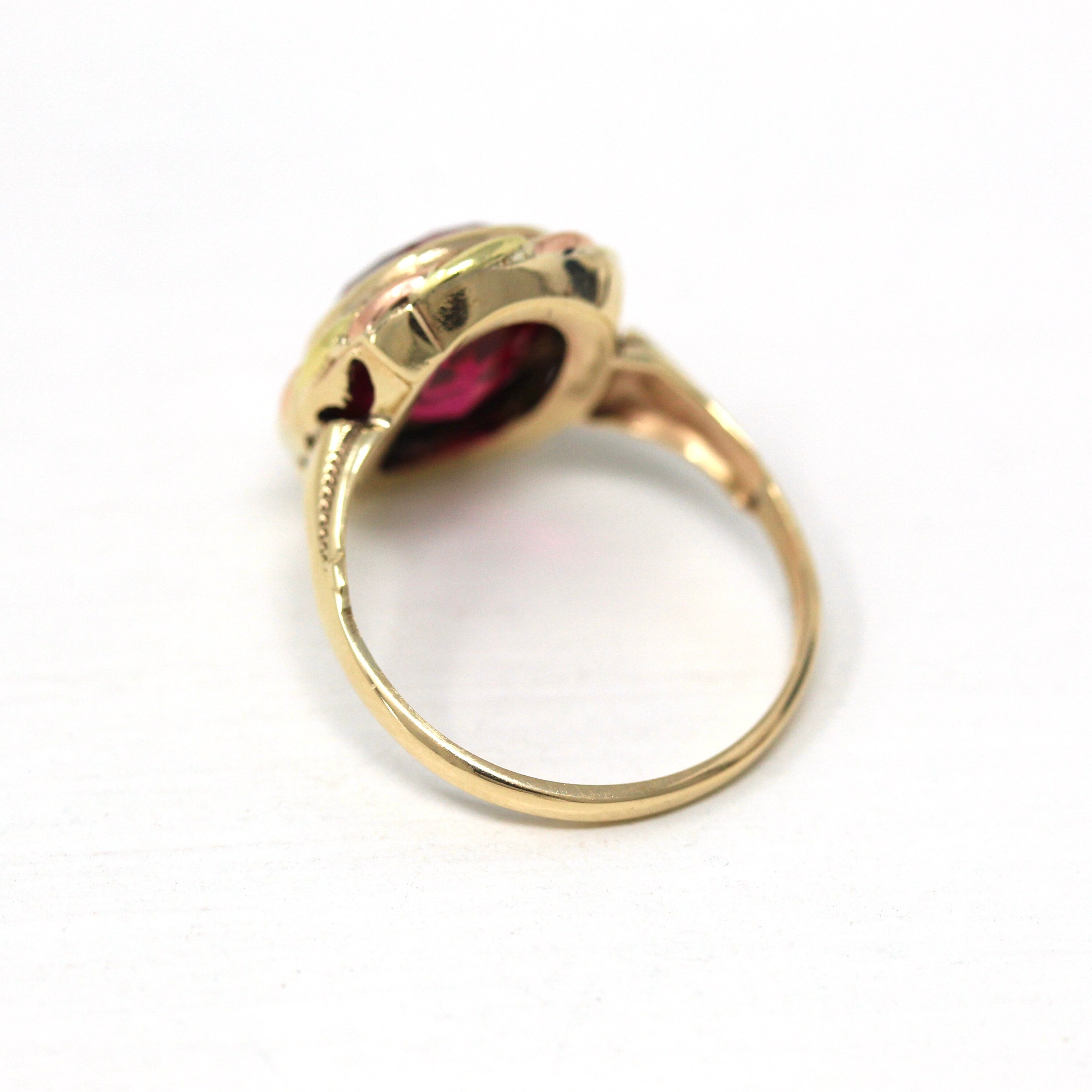 Created Ruby Ring - Vintage Retro 10k Yellow & Rose Gold Oval 4.24 Carat Statement - Circa 1940s Era Size 6 3/4 July Birthstone Fine Jewelry