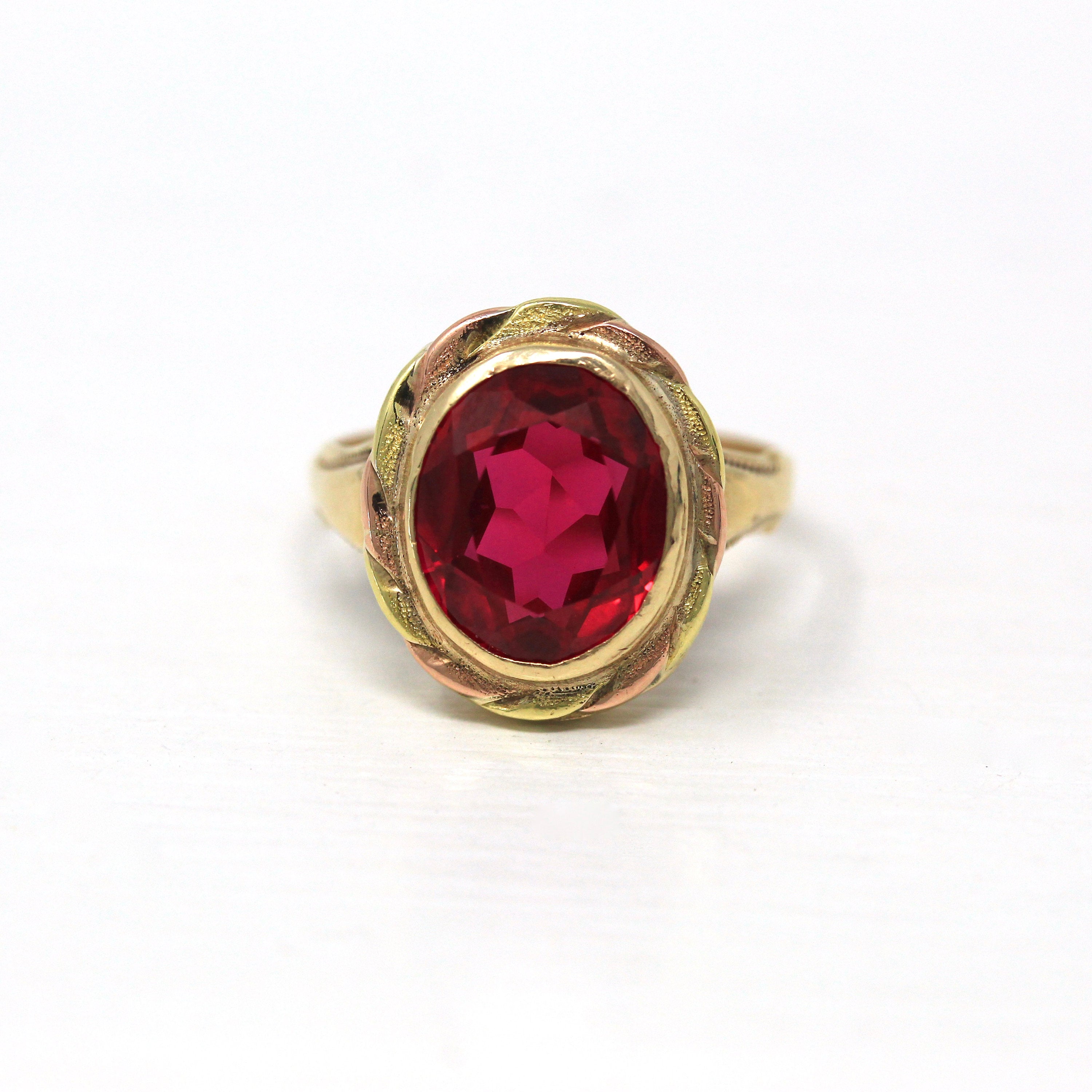 Created Ruby Ring - Vintage Retro 10k Yellow & Rose Gold Oval 4.24 Carat Statement - Circa 1940s Era Size 6 3/4 July Birthstone Fine Jewelry