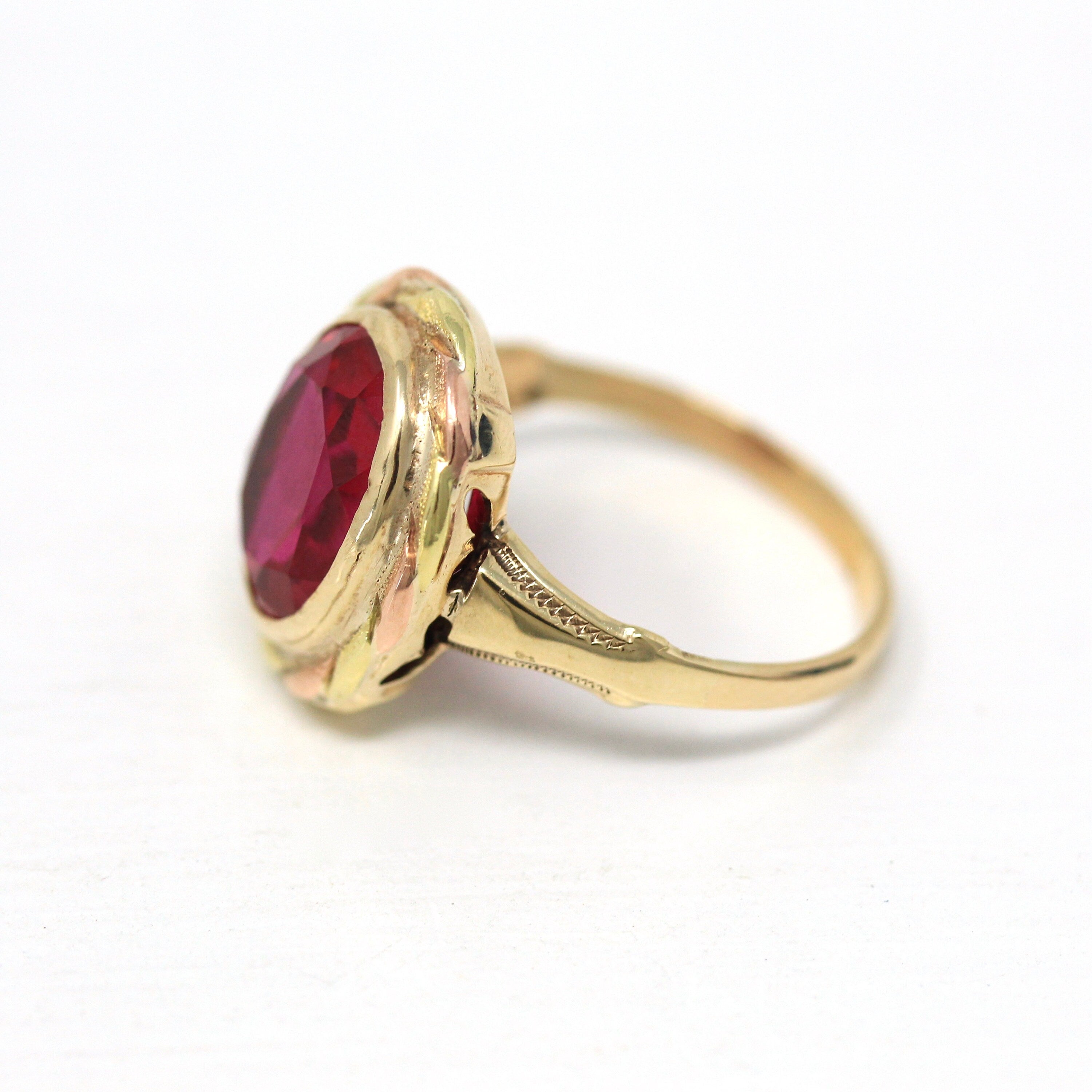 Created Ruby Ring - Vintage Retro 10k Yellow & Rose Gold Oval 4.24 Carat Statement - Circa 1940s Era Size 6 3/4 July Birthstone Fine Jewelry