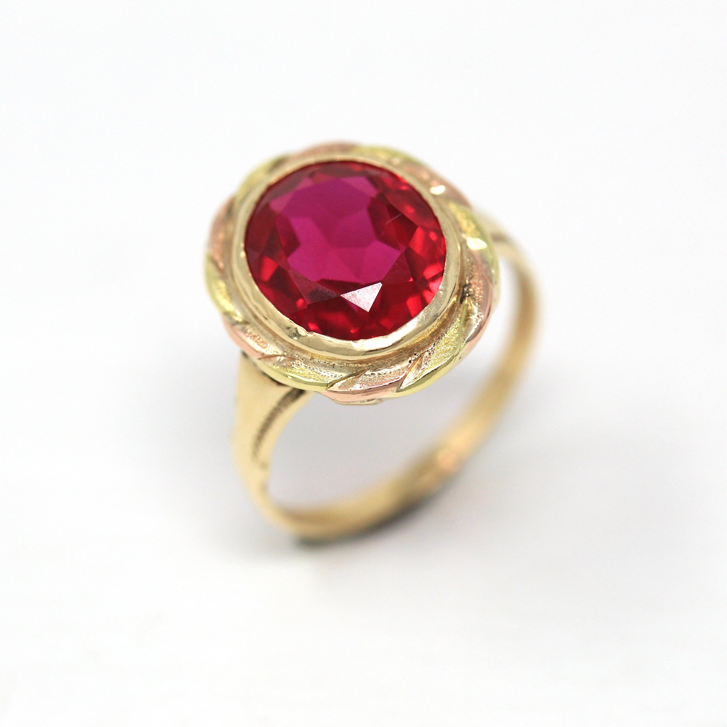 Created Ruby Ring - Vintage Retro 10k Yellow & Rose Gold Oval 4.24 Carat Statement - Circa 1940s Era Size 6 3/4 July Birthstone Fine Jewelry