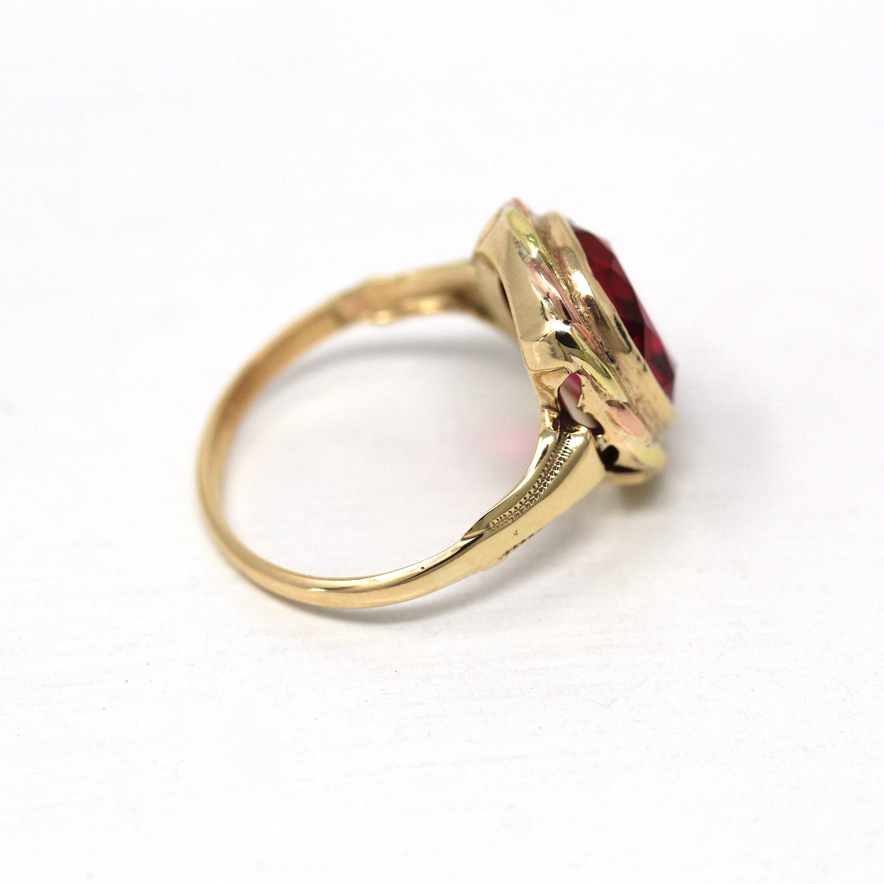 Created Ruby Ring - Vintage Retro 10k Yellow & Rose Gold Oval 4.24 Carat Statement - Circa 1940s Era Size 6 3/4 July Birthstone Fine Jewelry