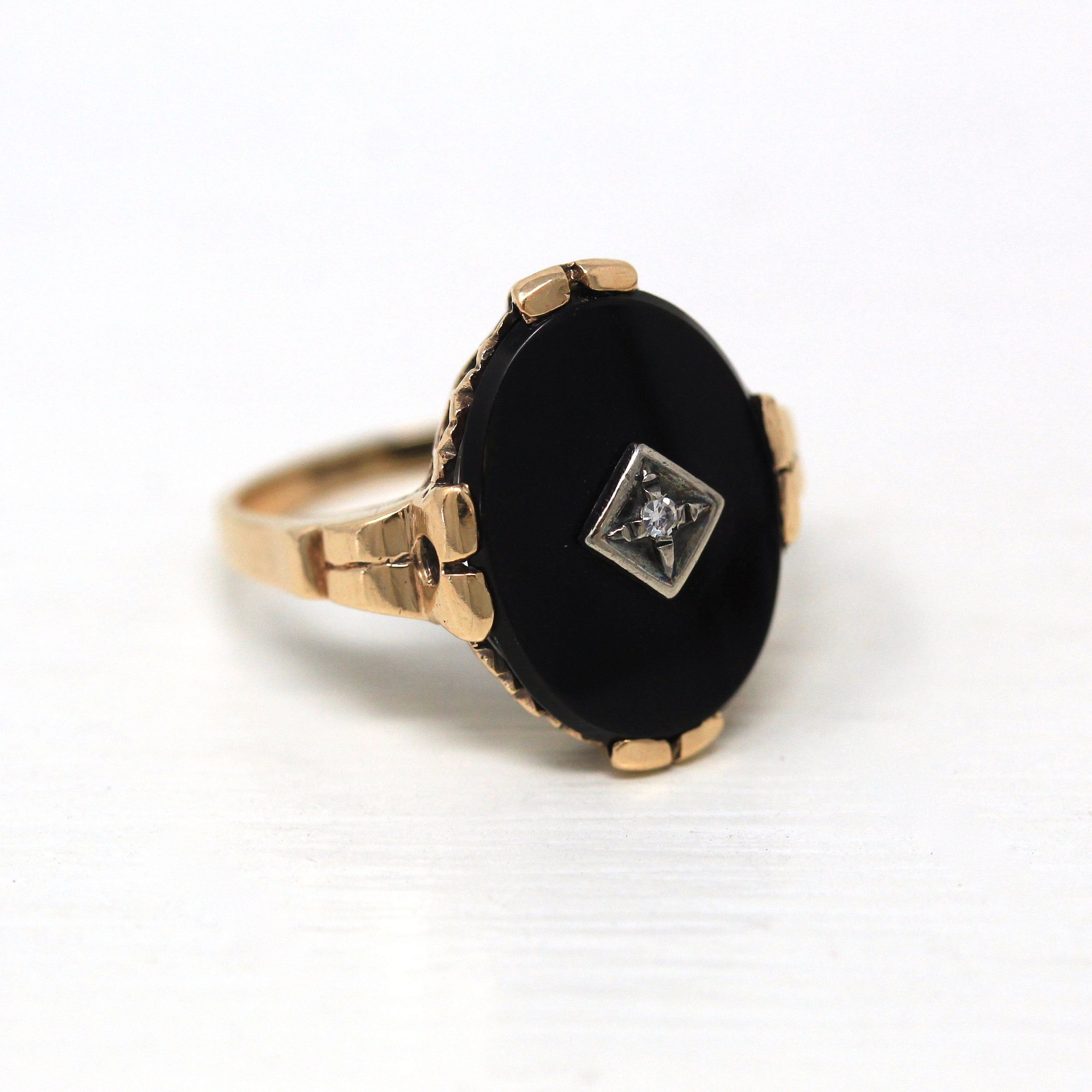 Genuine Onyx Ring - Vintage Retro 10k Yellow Gold Oval Black Gemstone Diamond Statement - 1940s Era Size 6 1/2 Fine 40s Gem Jewelry