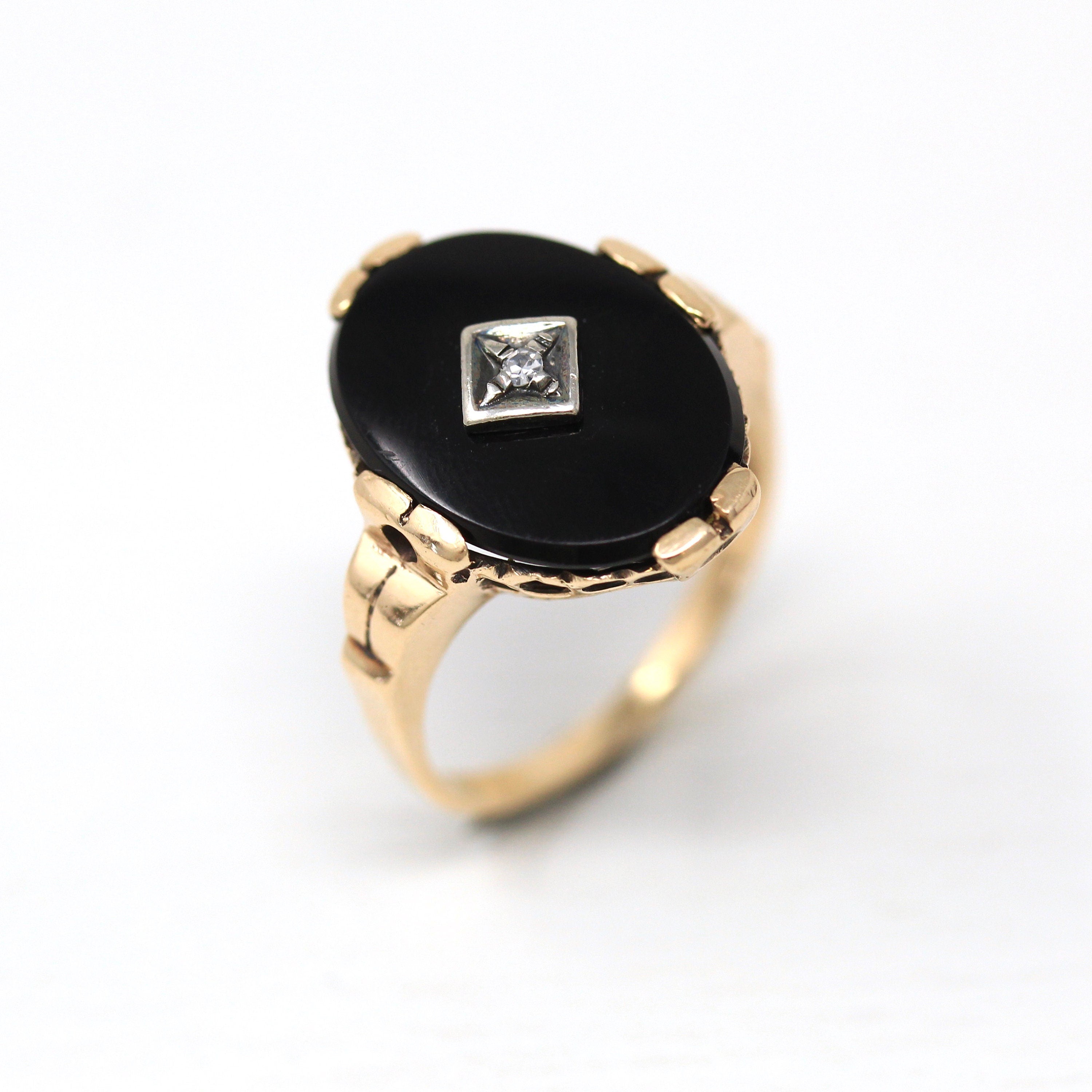 Genuine Onyx Ring - Vintage Retro 10k Yellow Gold Oval Black Gemstone Diamond Statement - 1940s Era Size 6 1/2 Fine 40s Gem Jewelry