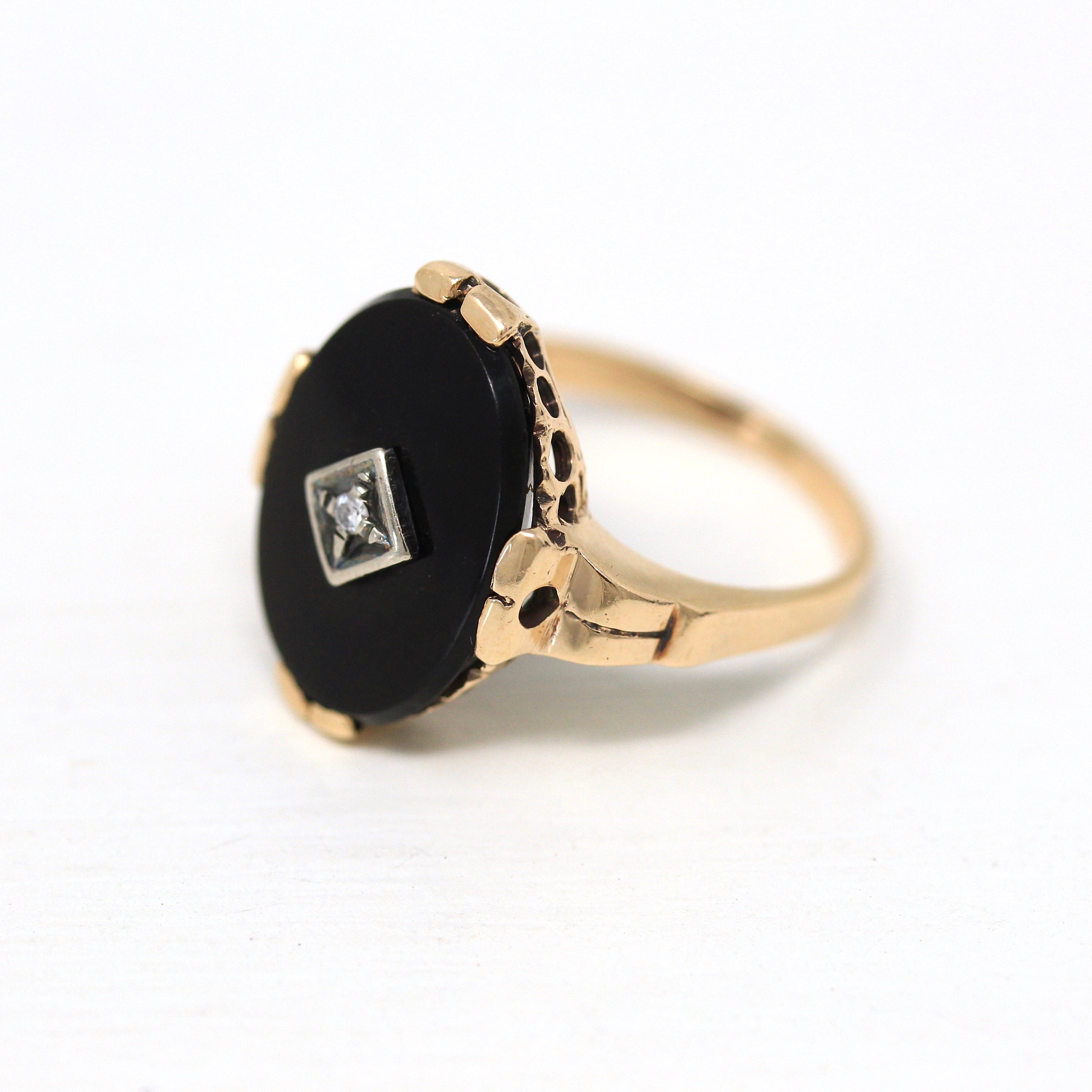 Genuine Onyx Ring - Vintage Retro 10k Yellow Gold Oval Black Gemstone Diamond Statement - 1940s Era Size 6 1/2 Fine 40s Gem Jewelry