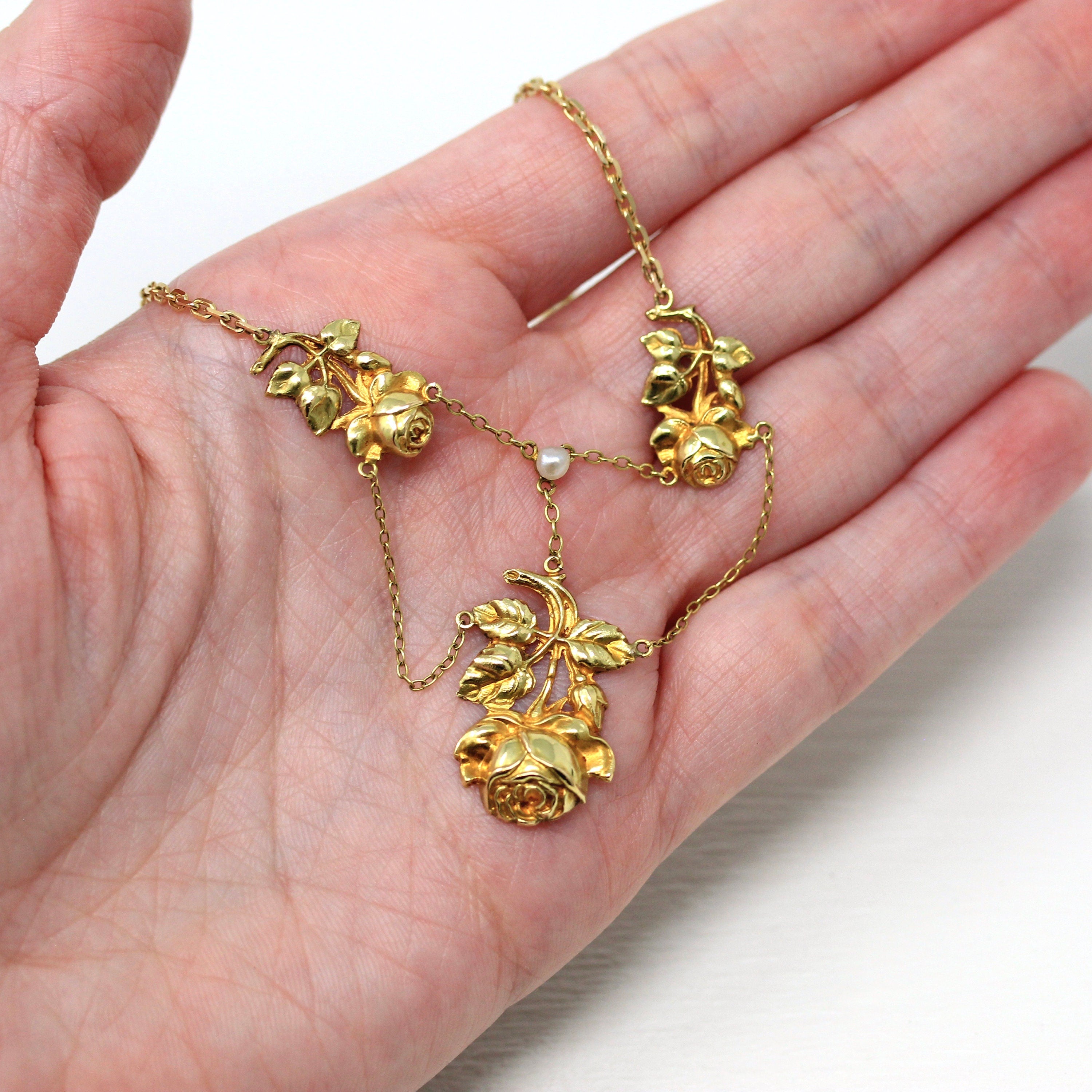 Antique Festoon Necklace - Edwardian Era 14k & 18k Yellow Rose Flower Pendant - Vintage Art Nouveau Circa 1900s Fine 20 Inch ewelry