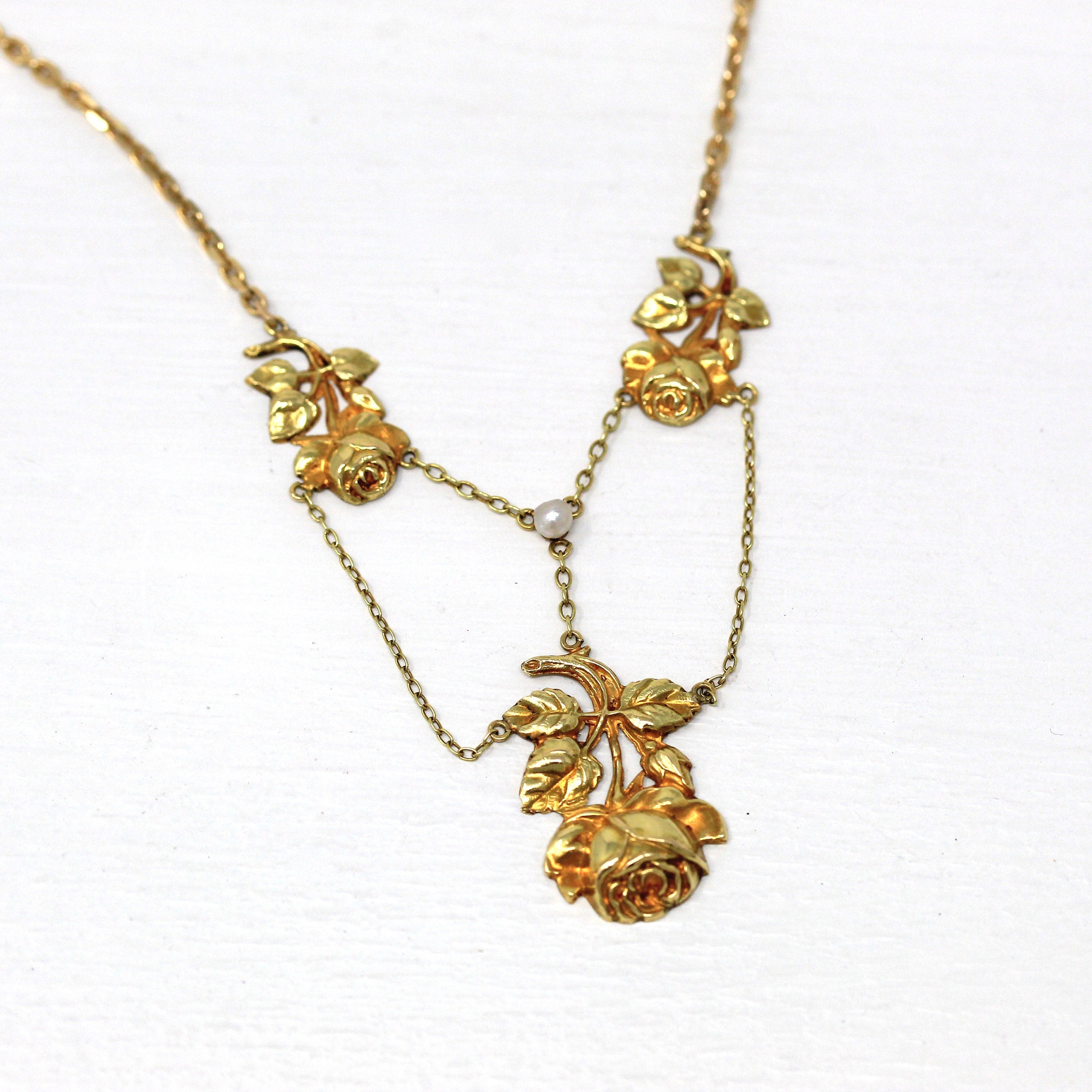 Antique Festoon Necklace - Edwardian Era 14k & 18k Yellow Rose Flower Pendant - Vintage Art Nouveau Circa 1900s Fine 20 Inch ewelry