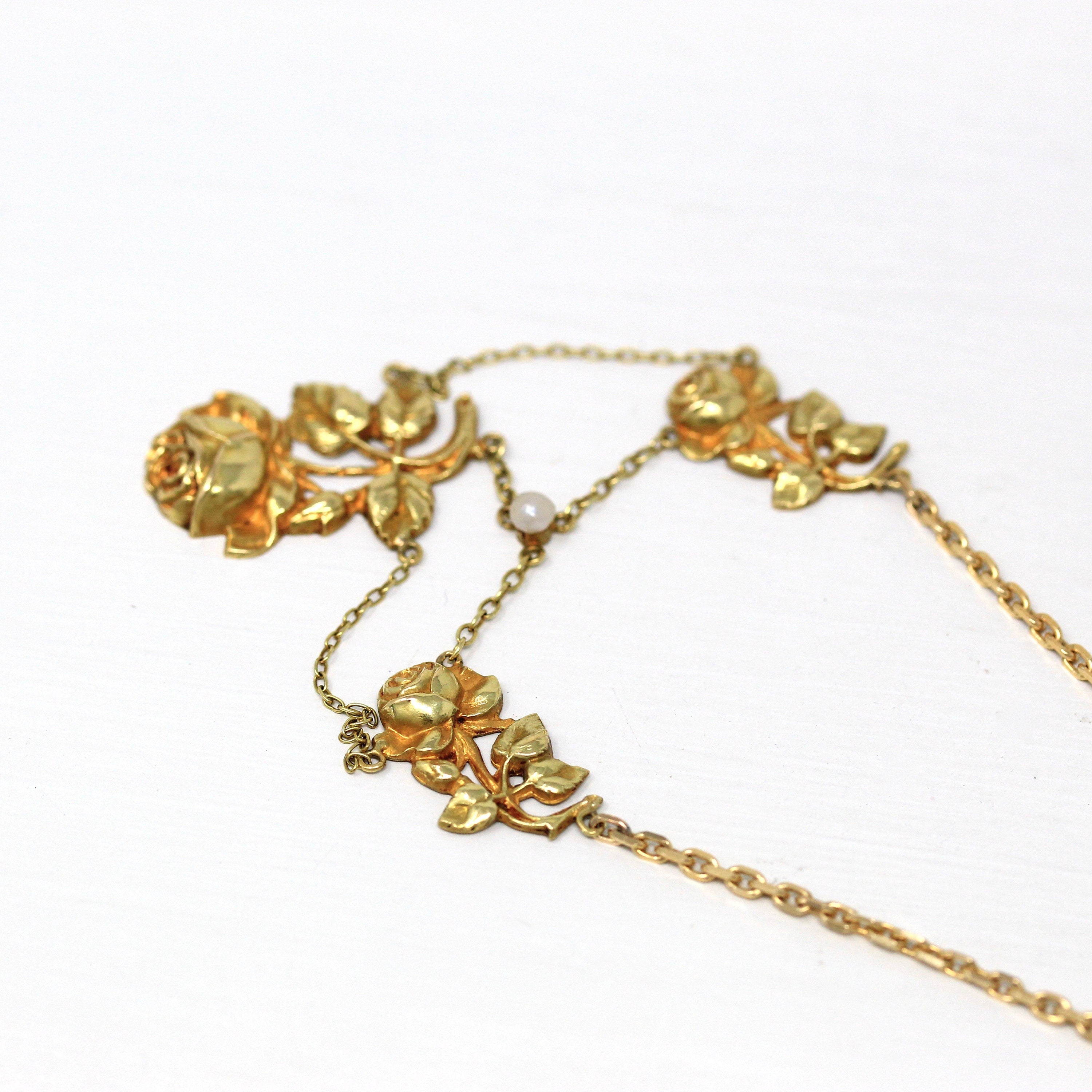 Antique Festoon Necklace - Edwardian Era 14k & 18k Yellow Rose Flower Pendant - Vintage Art Nouveau Circa 1900s Fine 20 Inch ewelry