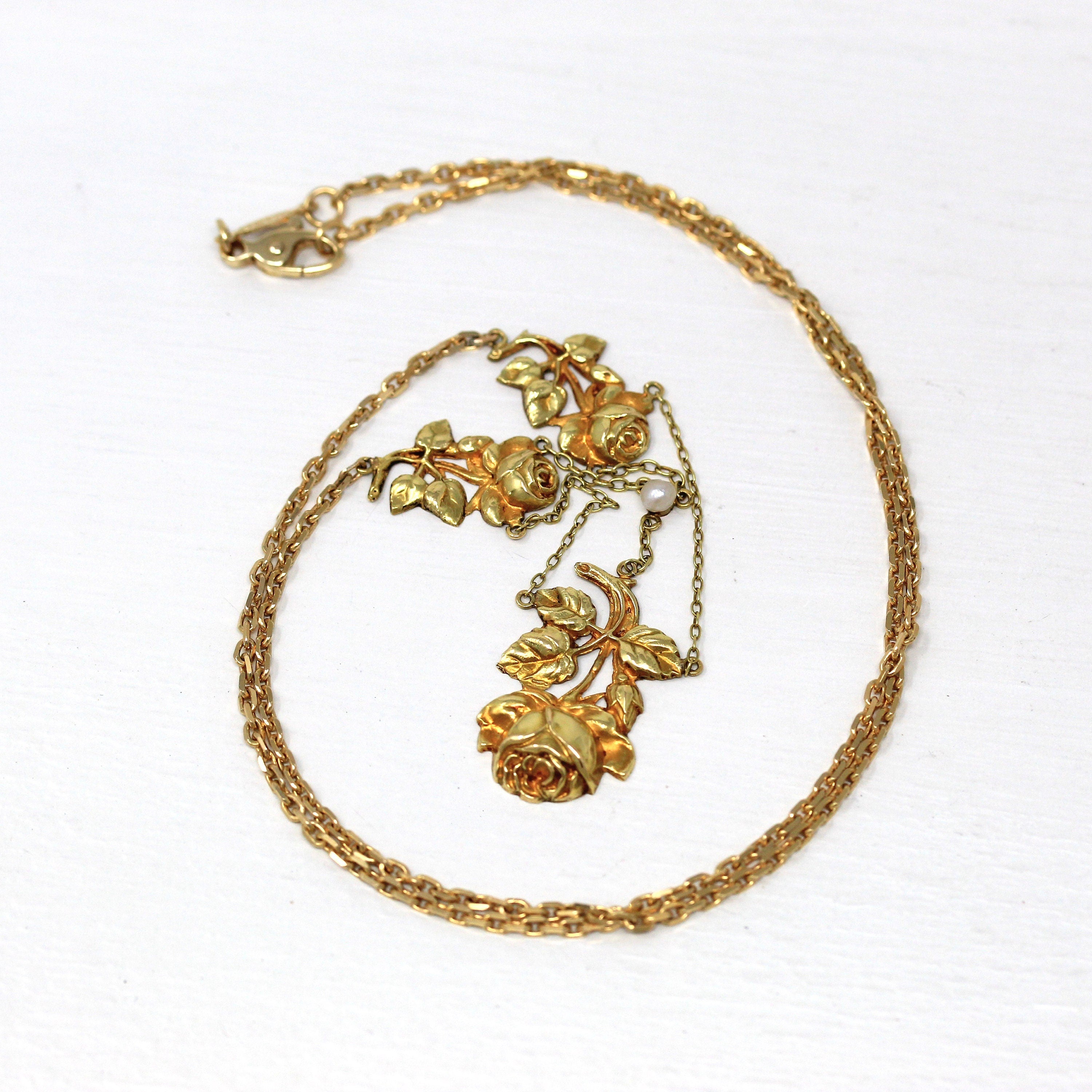 Antique Festoon Necklace - Edwardian Era 14k & 18k Yellow Rose Flower Pendant - Vintage Art Nouveau Circa 1900s Fine 20 Inch ewelry