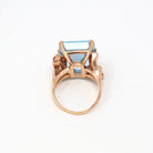 Sale - Vintage Aquamarine Ring - 1940s Retro 14k Rose Gold Square Cut 15.68 CT Blue Gem - Mid Century Size 8 1/4 Ribbon Cocktail 40s Jewelry