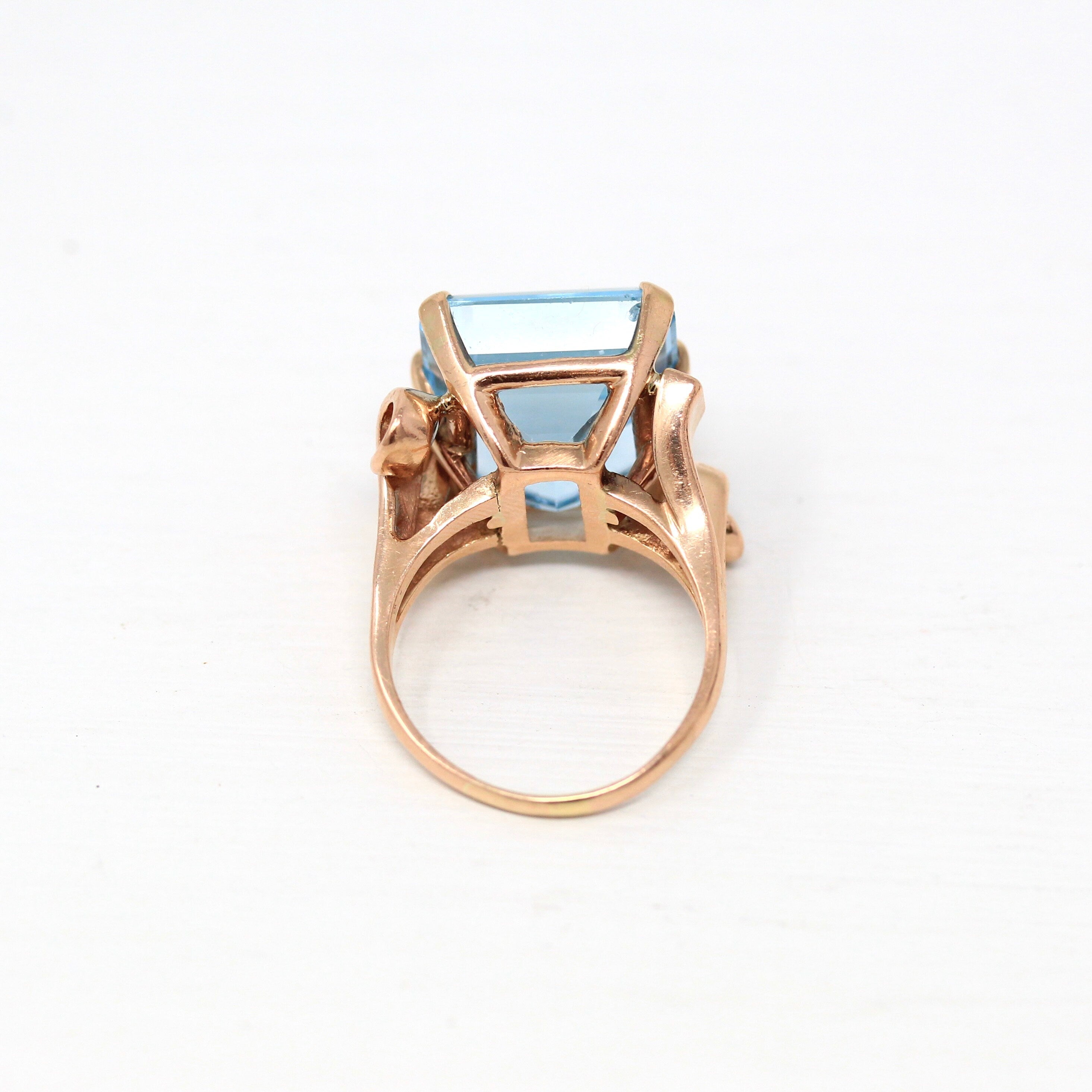 Vintage Aquamarine Ring - 1940s Retro 14k Rose Gold Square Cut 15.68 CT Blue Gem - Mid Century Size 8 1/4 Ribbon Fine Cocktail Jewelry