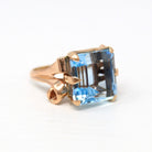 Sale - Vintage Aquamarine Ring - 1940s Retro 14k Rose Gold Square Cut 15.68 CT Blue Gem - Mid Century Size 8 1/4 Ribbon Cocktail 40s Jewelry