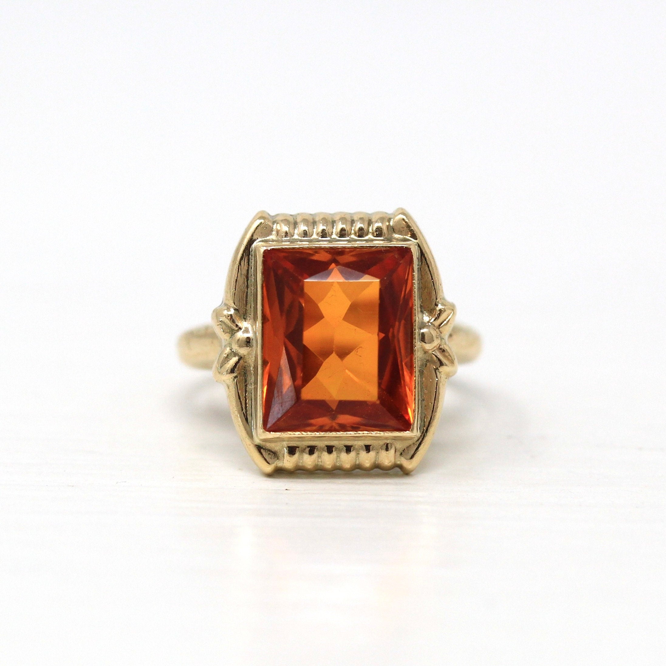 Created Orange Sapphire Ring - Retro Era 10k Yellow Gold Rectangular Faceted 3.95 CT Stone - Vintage Circa 1940s Size 3 Fine Jewelry